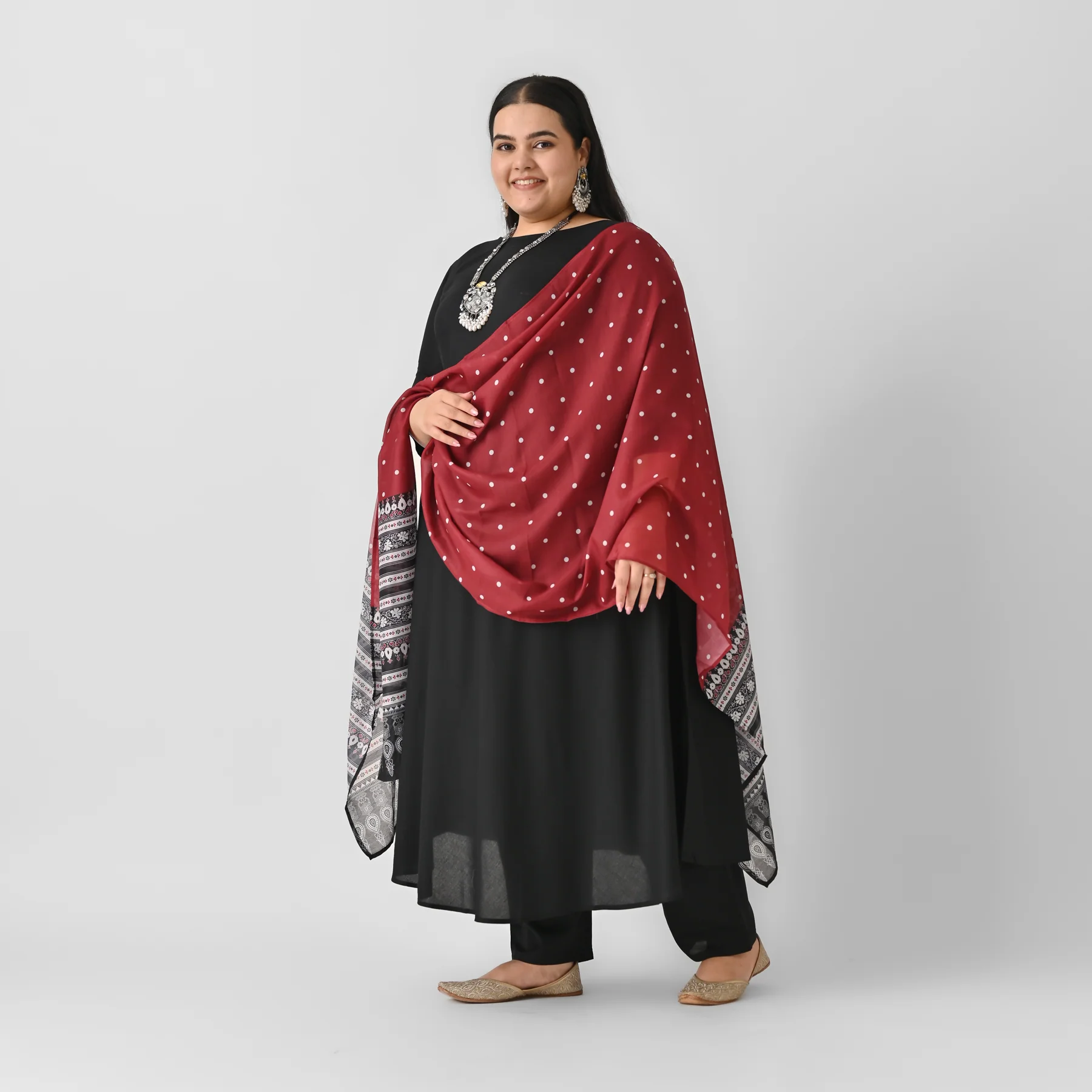 Black Flared Kurta Palazzo Set with Maroon Polka & Black Buta Dupatta - SOM - Image 5
