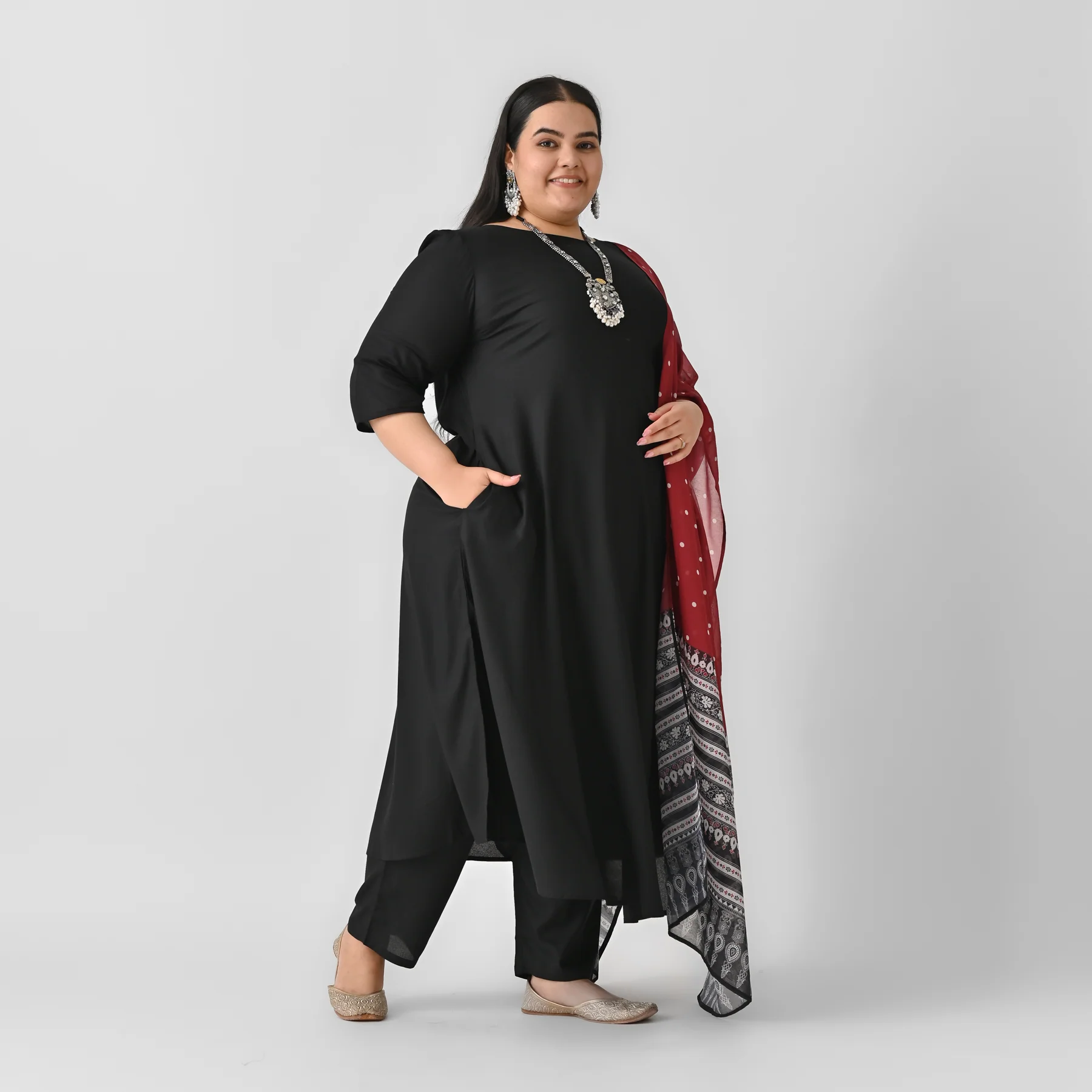 Black Flared Kurta Palazzo Set with Maroon Polka & Black Buta Dupatta - SOM - Image 6