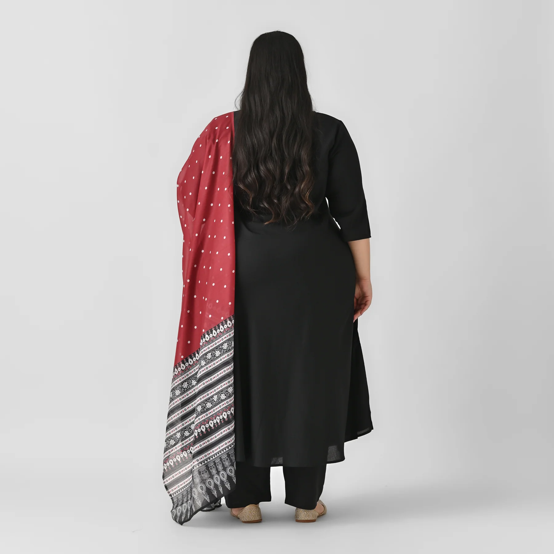 Black Flared Kurta Palazzo Set with Maroon Polka & Black Buta Dupatta - SOM - Image 7