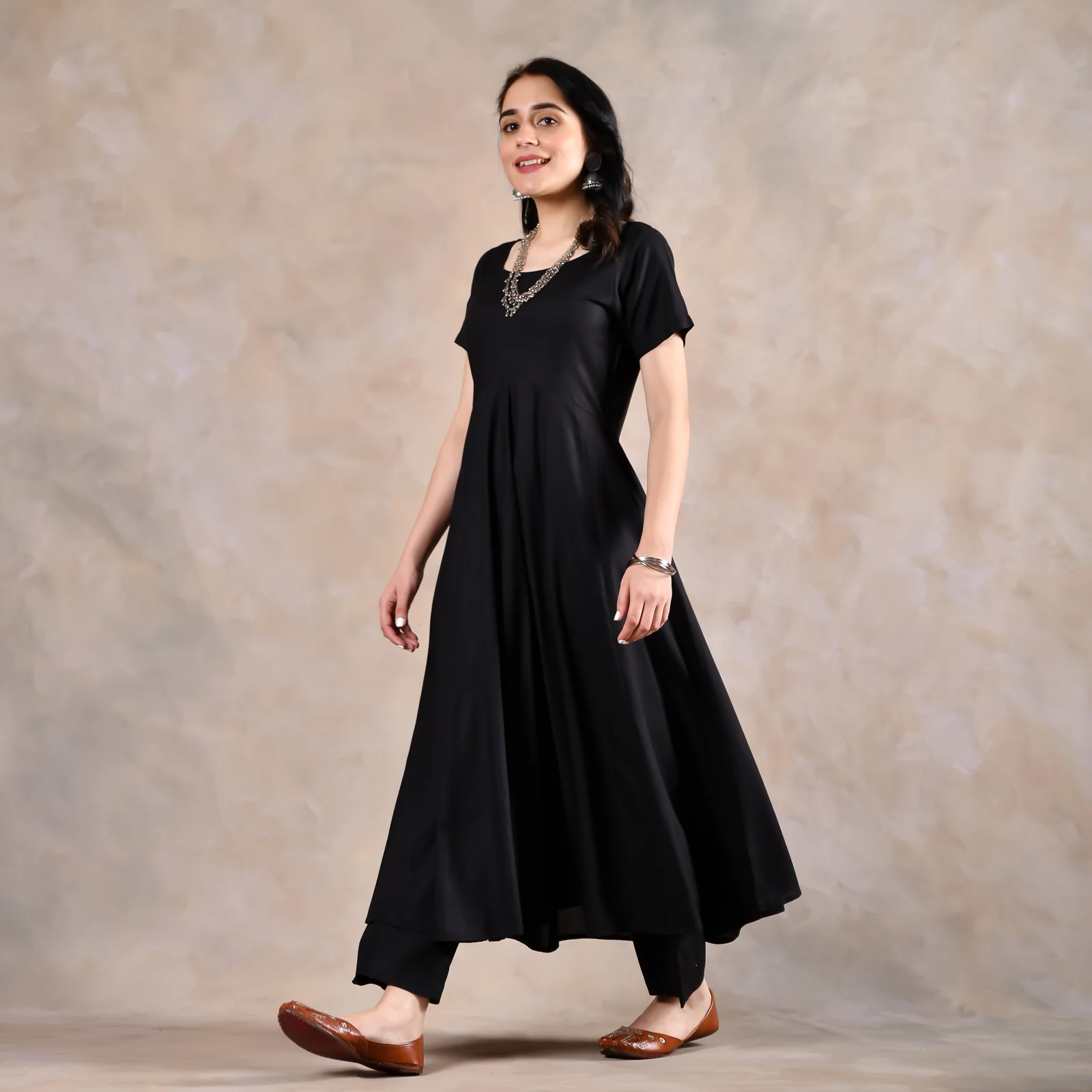 Black Flared Kurta Set with Scalloped Dupatta - Image 11