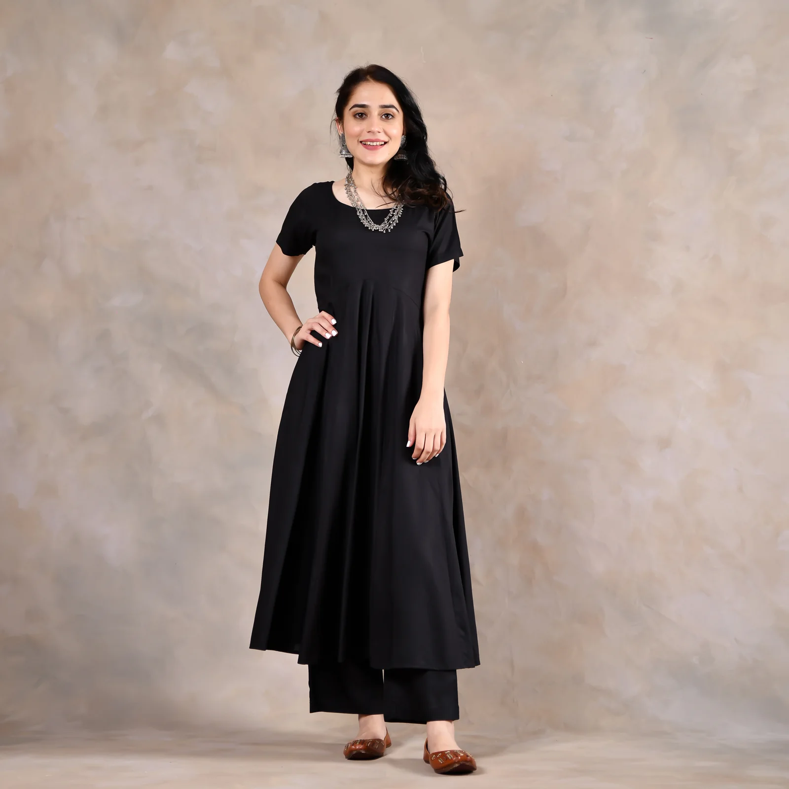 Black Flared Kurta Set with Scalloped Dupatta - Image 12