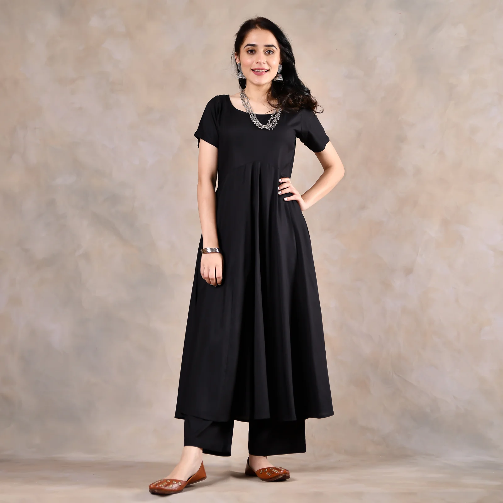 Black Flared Kurta Set with Scalloped Dupatta - Image 13