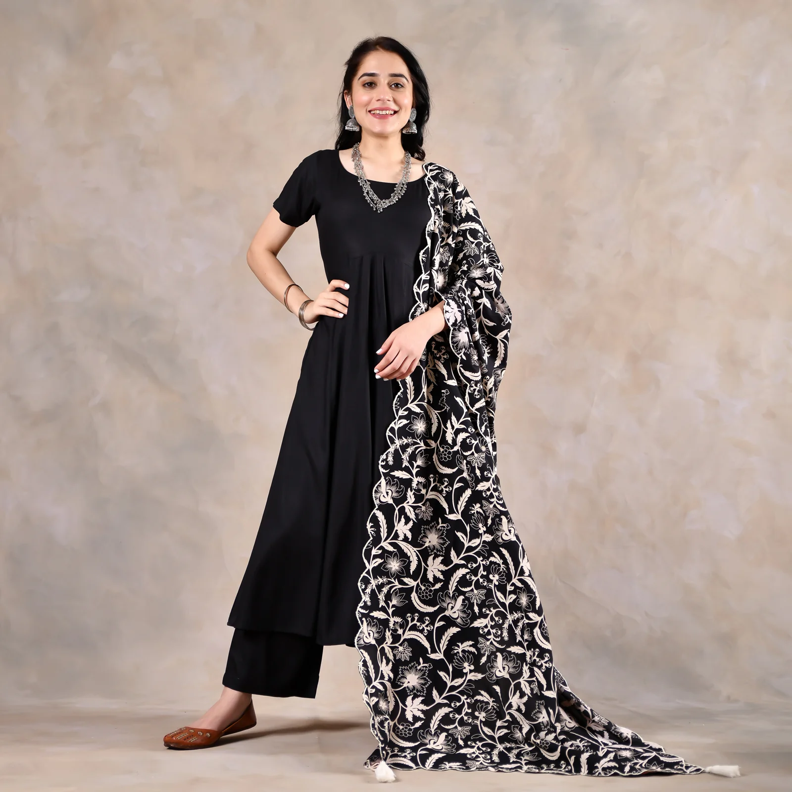 Black Flared Kurta Set with Scalloped Dupatta - Image 5