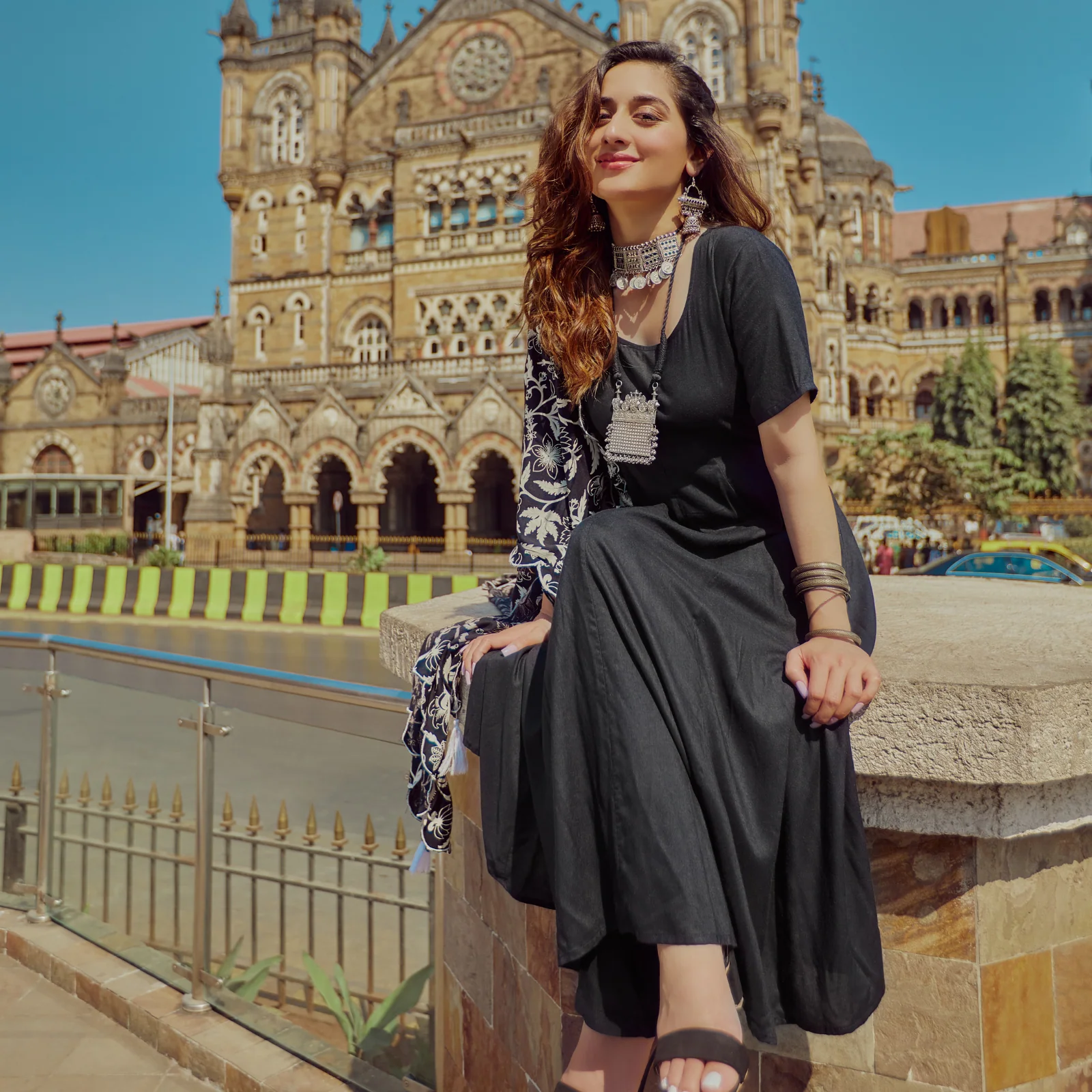 Black Flared Kurta Set with Scalloped Dupatta - Image 6