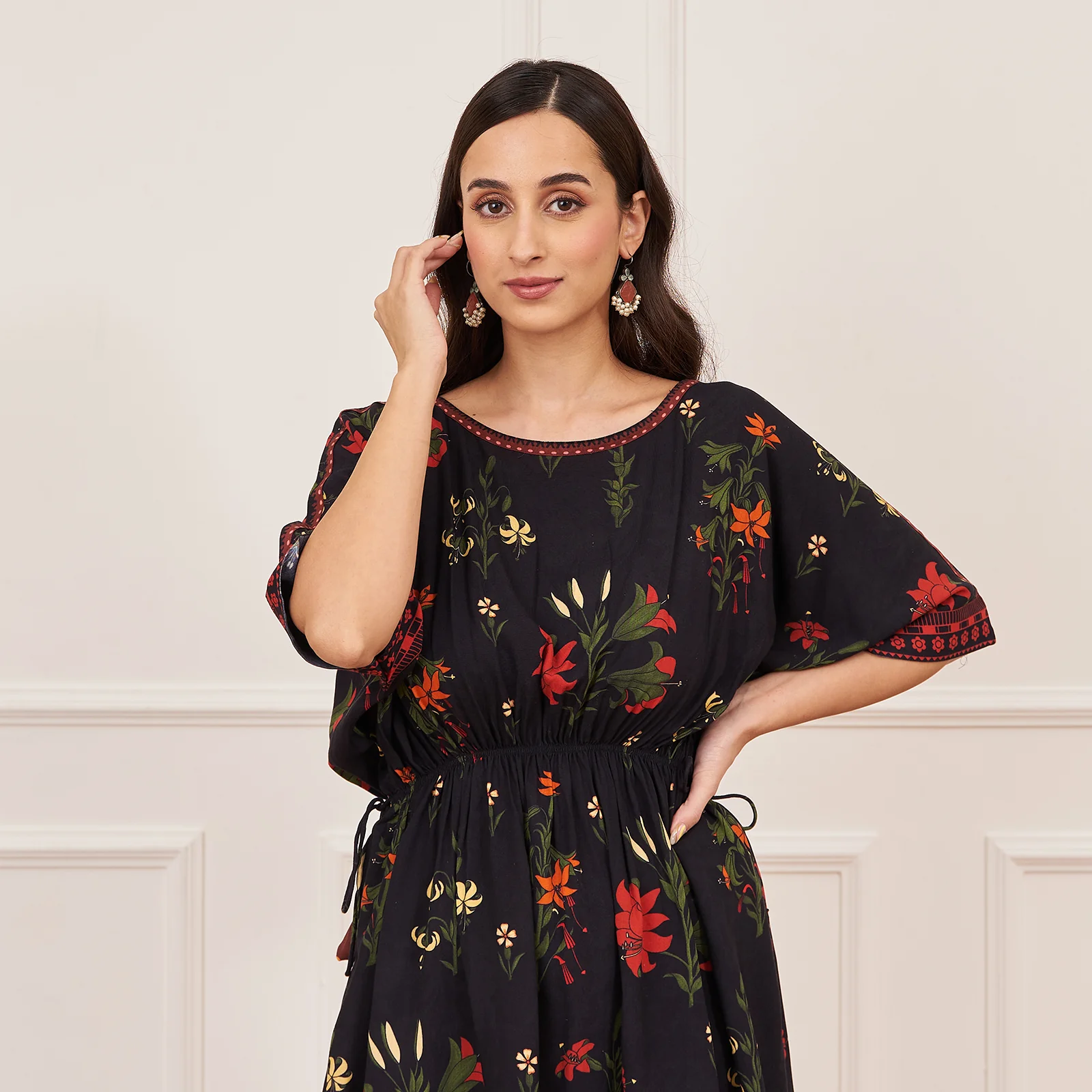 Black Floral Drawstring Kurta Salwar Co-ord Set - Image 4