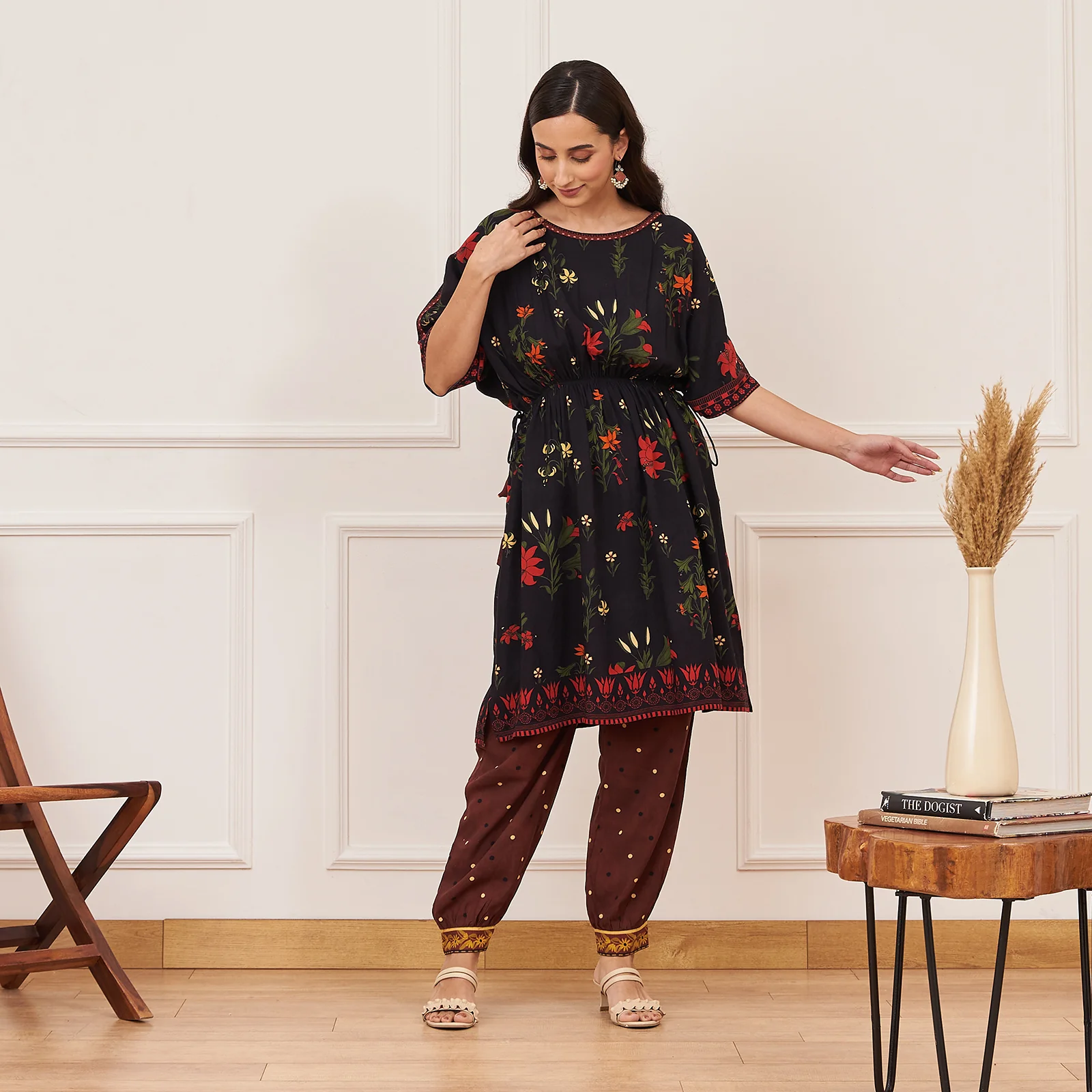 Black Floral Drawstring Kurta Salwar Co-ord Set - Image 5