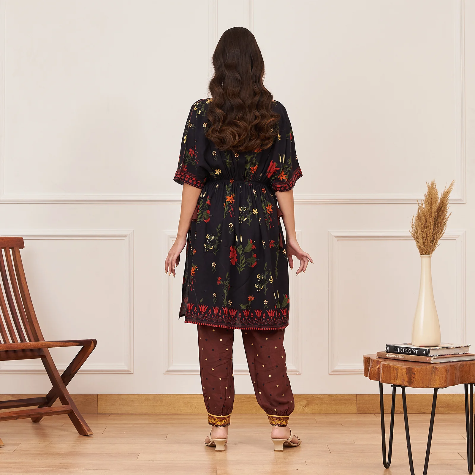 Black Floral Drawstring Kurta Salwar Co-ord Set - Image 6