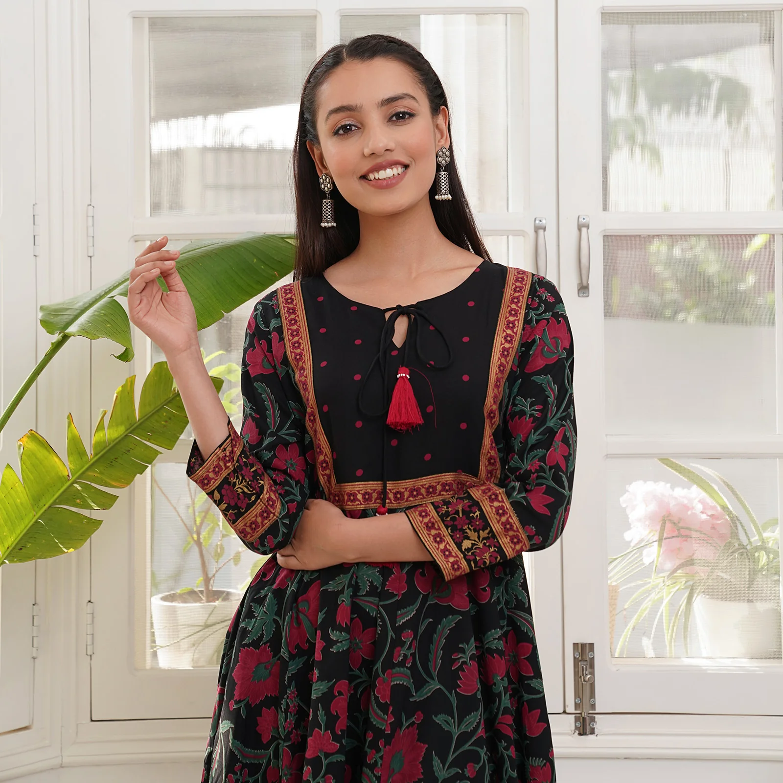 Black Floral Dress with Hem Details - Image 3