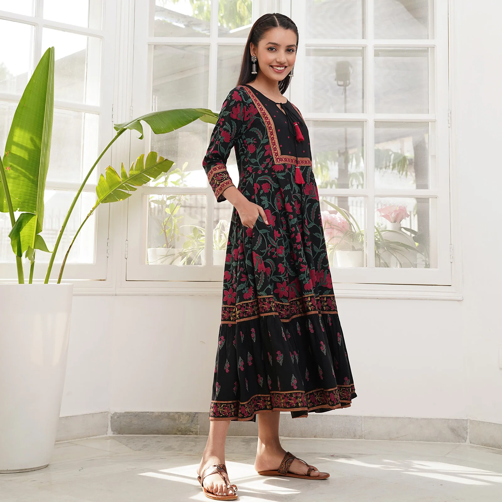 Black Floral Dress with Hem Details - Image 4