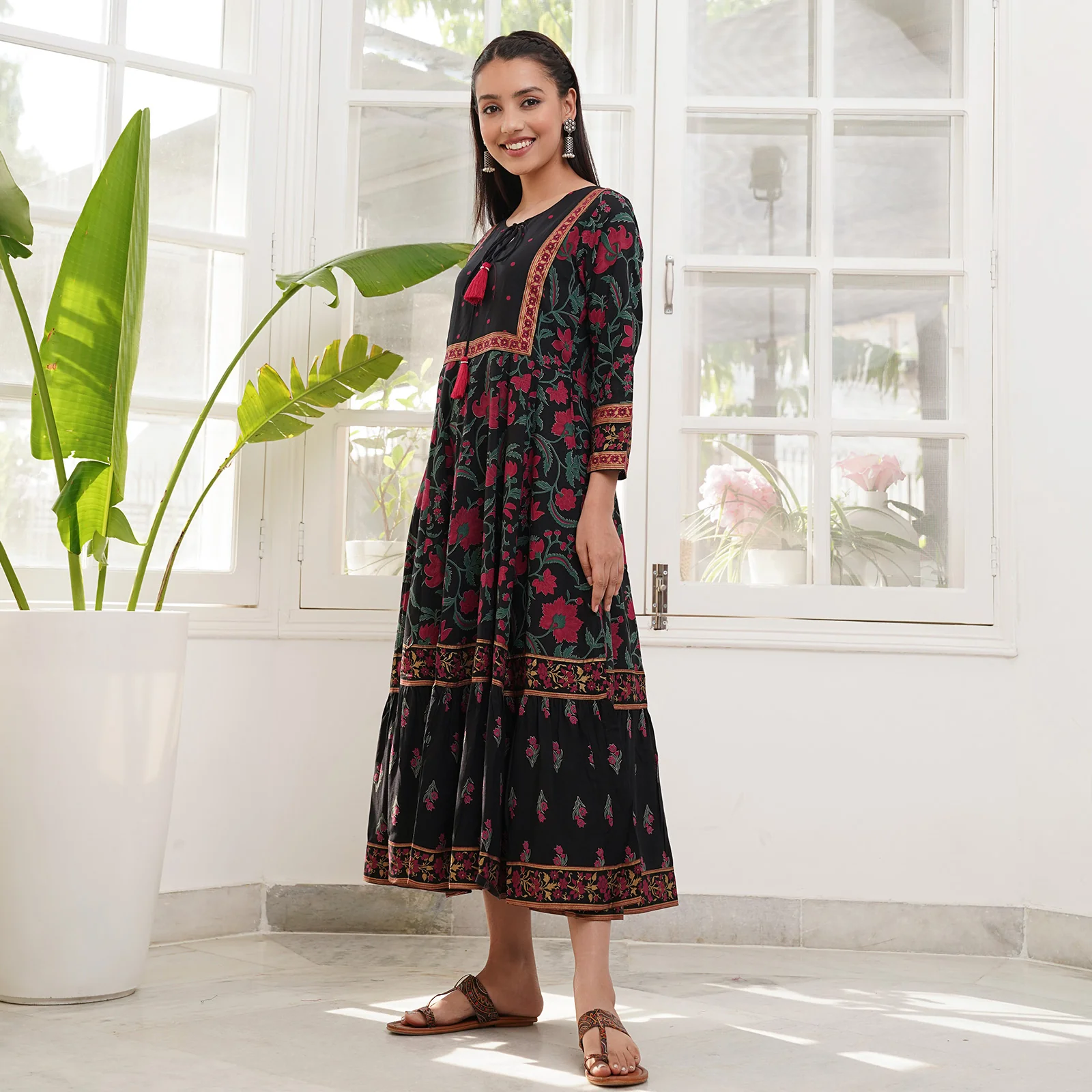 Black Floral Dress with Hem Details - Image 5