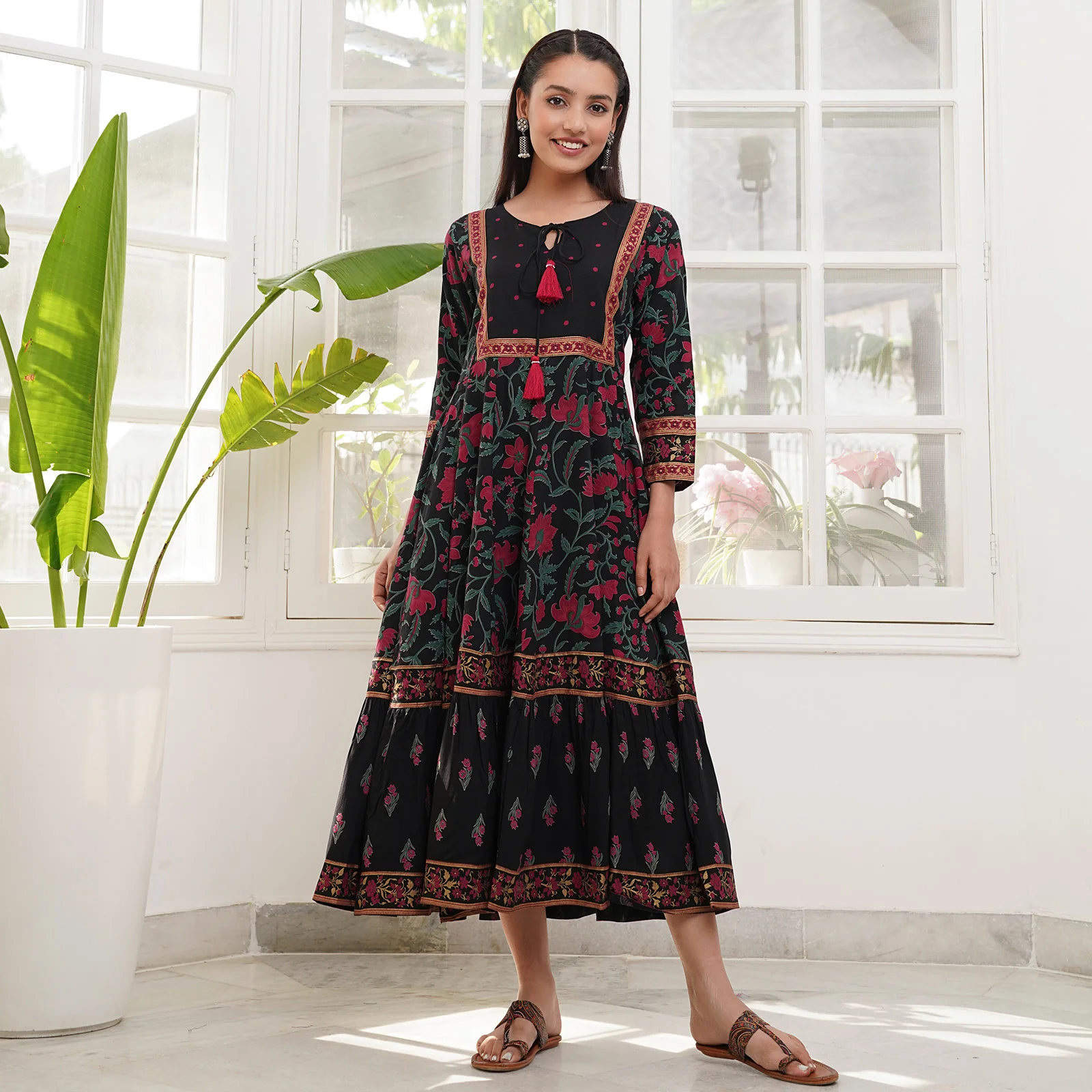 Black Floral Dress with Hem Details - Image 6
