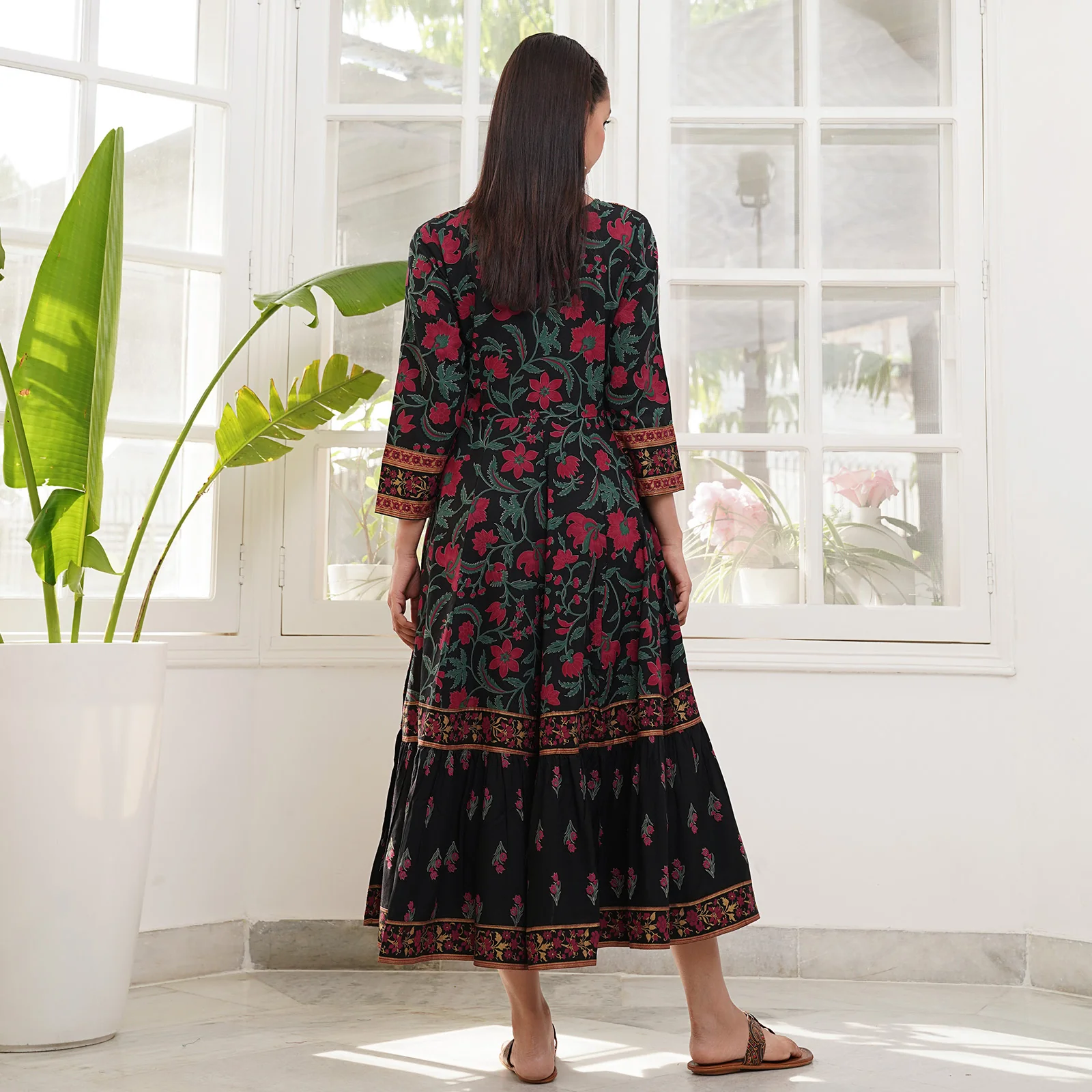 Black Floral Dress with Hem Details - Image 7
