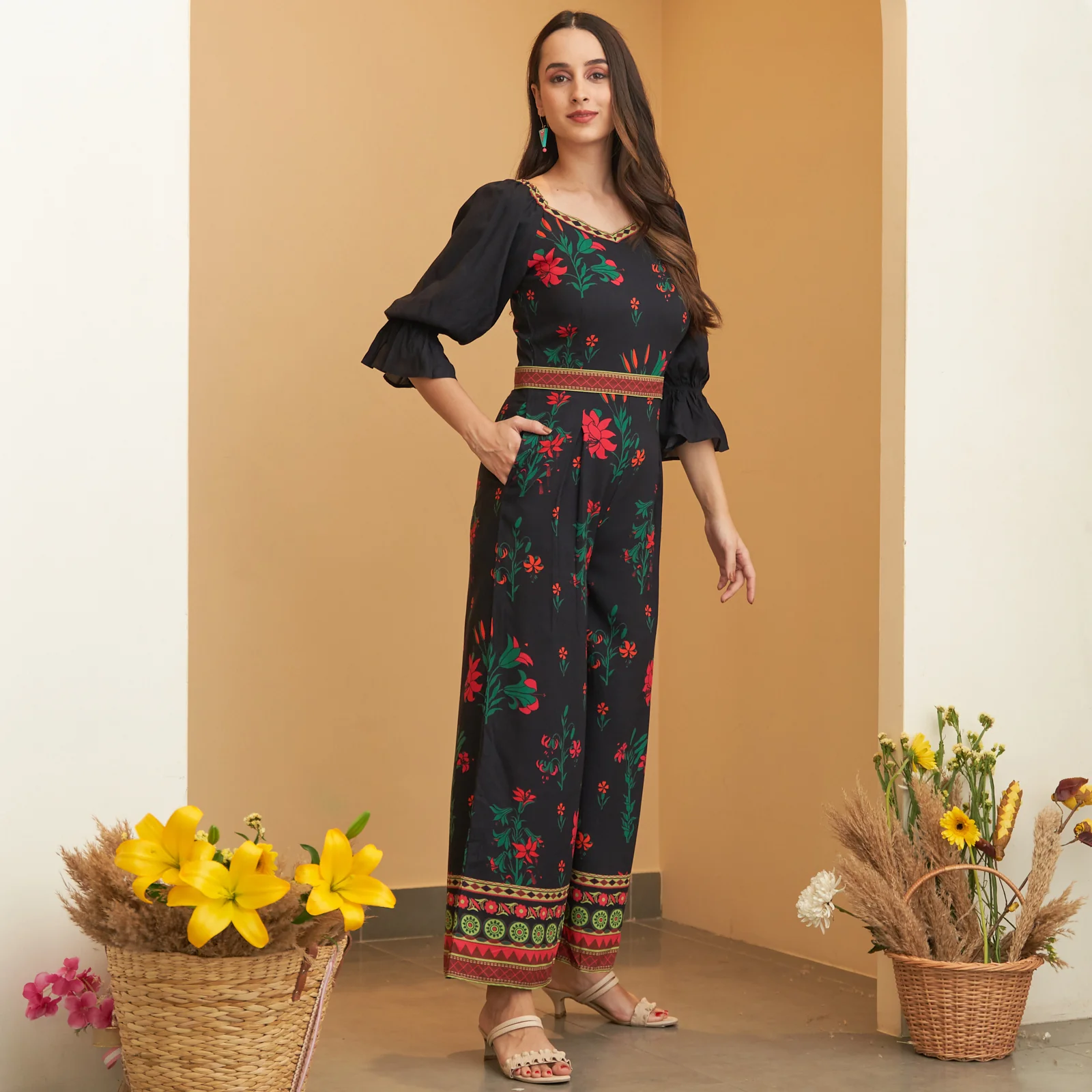 Black Floral Jumpsuit with Belt - Image 3