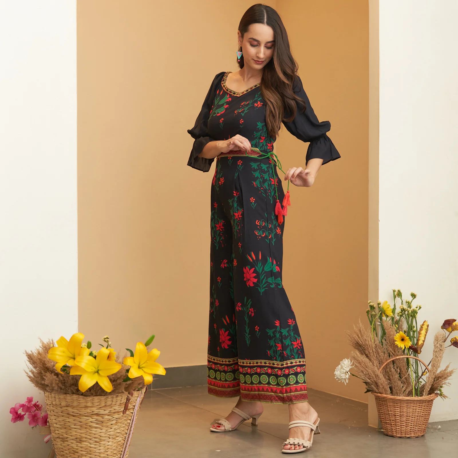 Black Floral Jumpsuit with Belt - Image 4