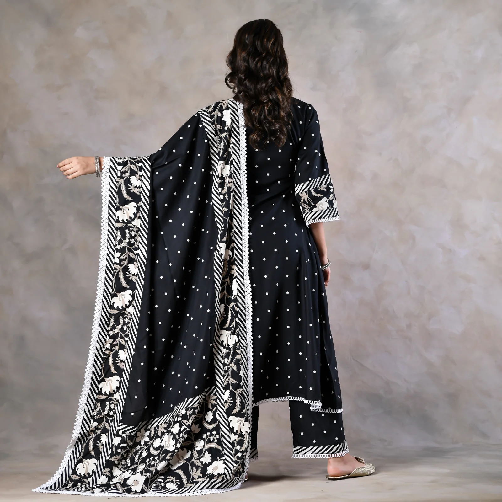 Black Floral Paneled Kurta Pant and Dupatta Set - Image 8
