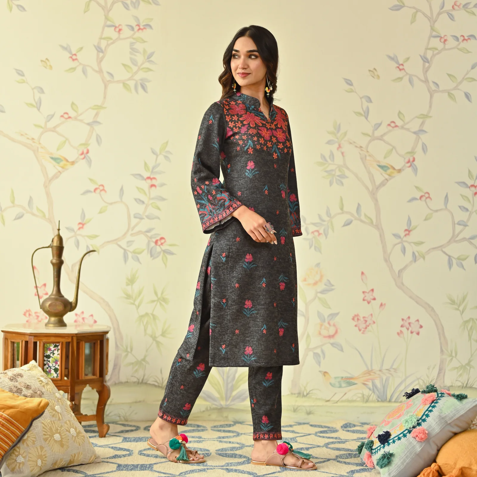 Black Floral Woollen Kurta Set with Bell Sleeves - Image 6