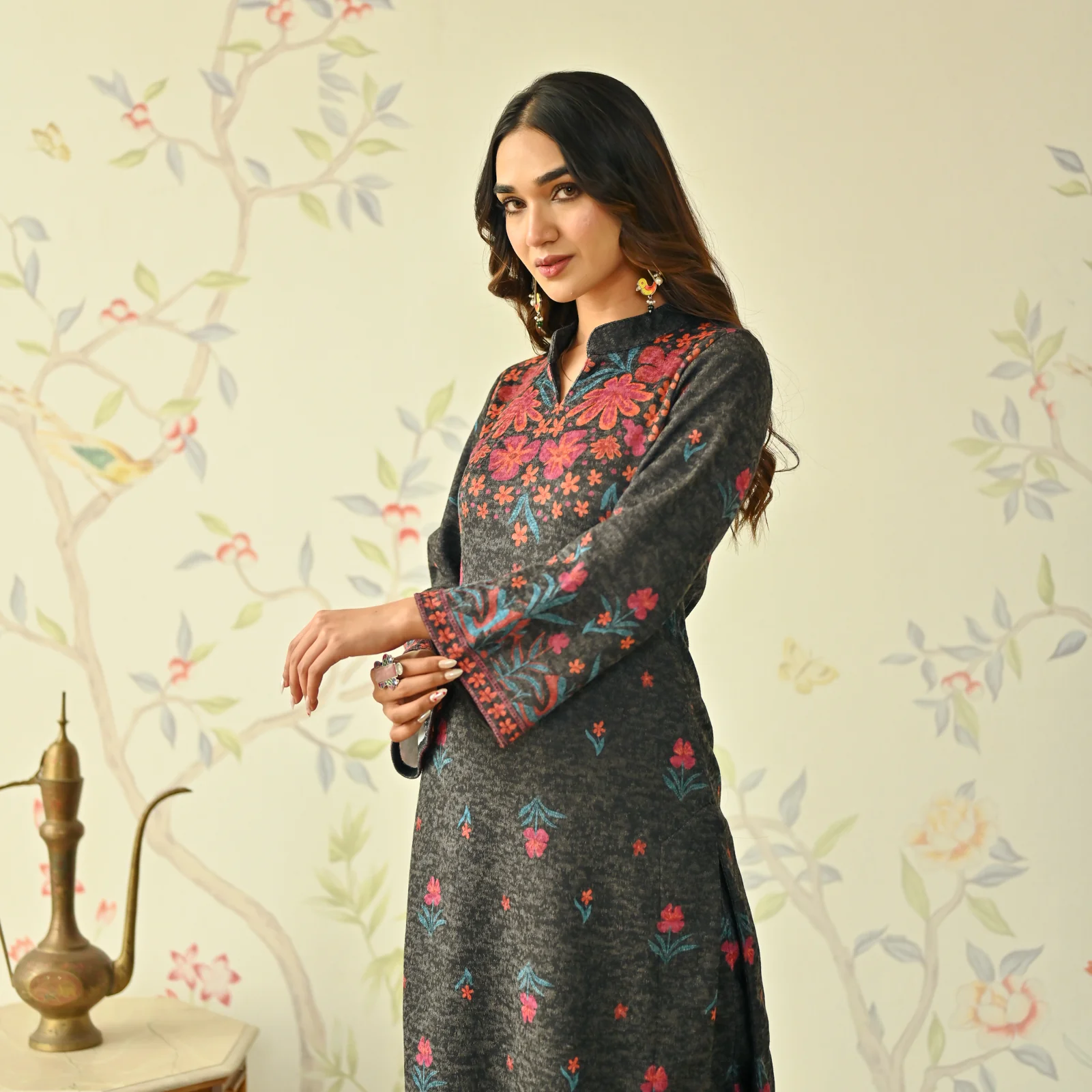 Black Floral Woollen Kurta with Bell Sleeves - Image 3