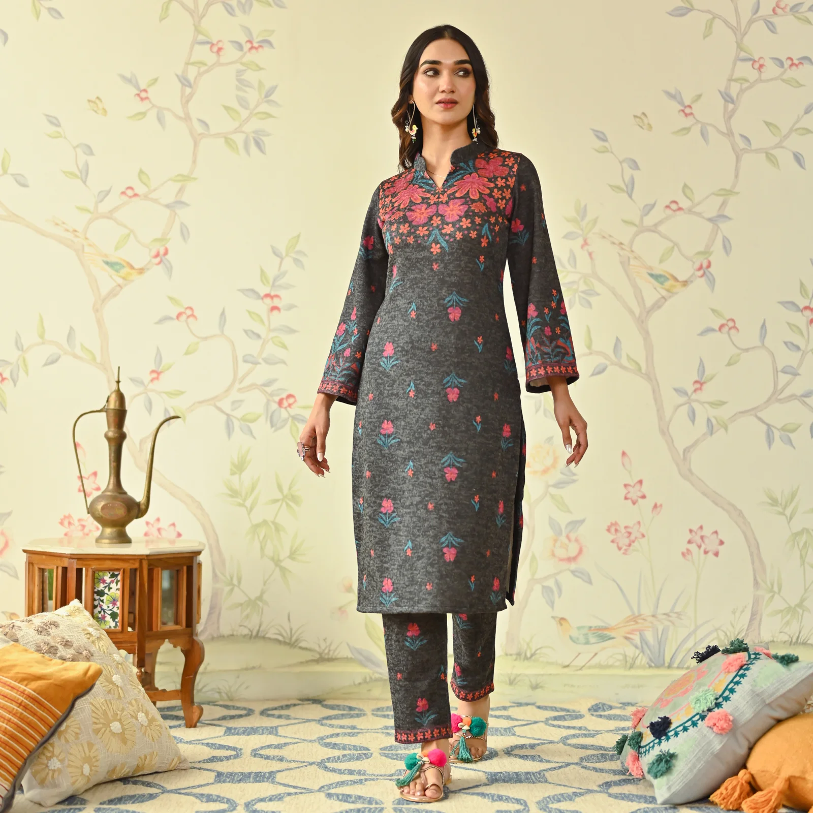 Black Floral Woollen Kurta with Bell Sleeves - Image 4