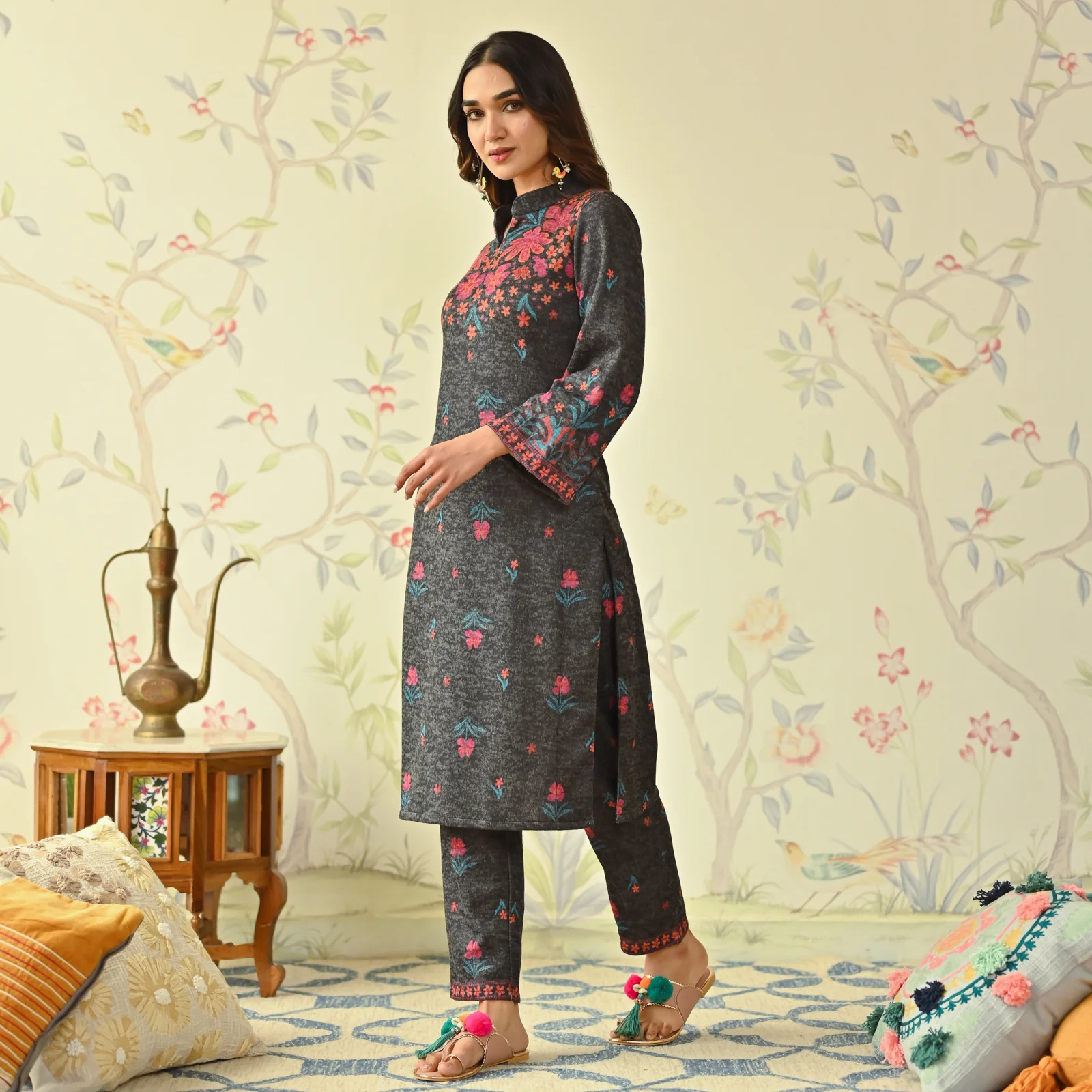 Black Floral Woollen Kurta with Bell Sleeves - Image 5