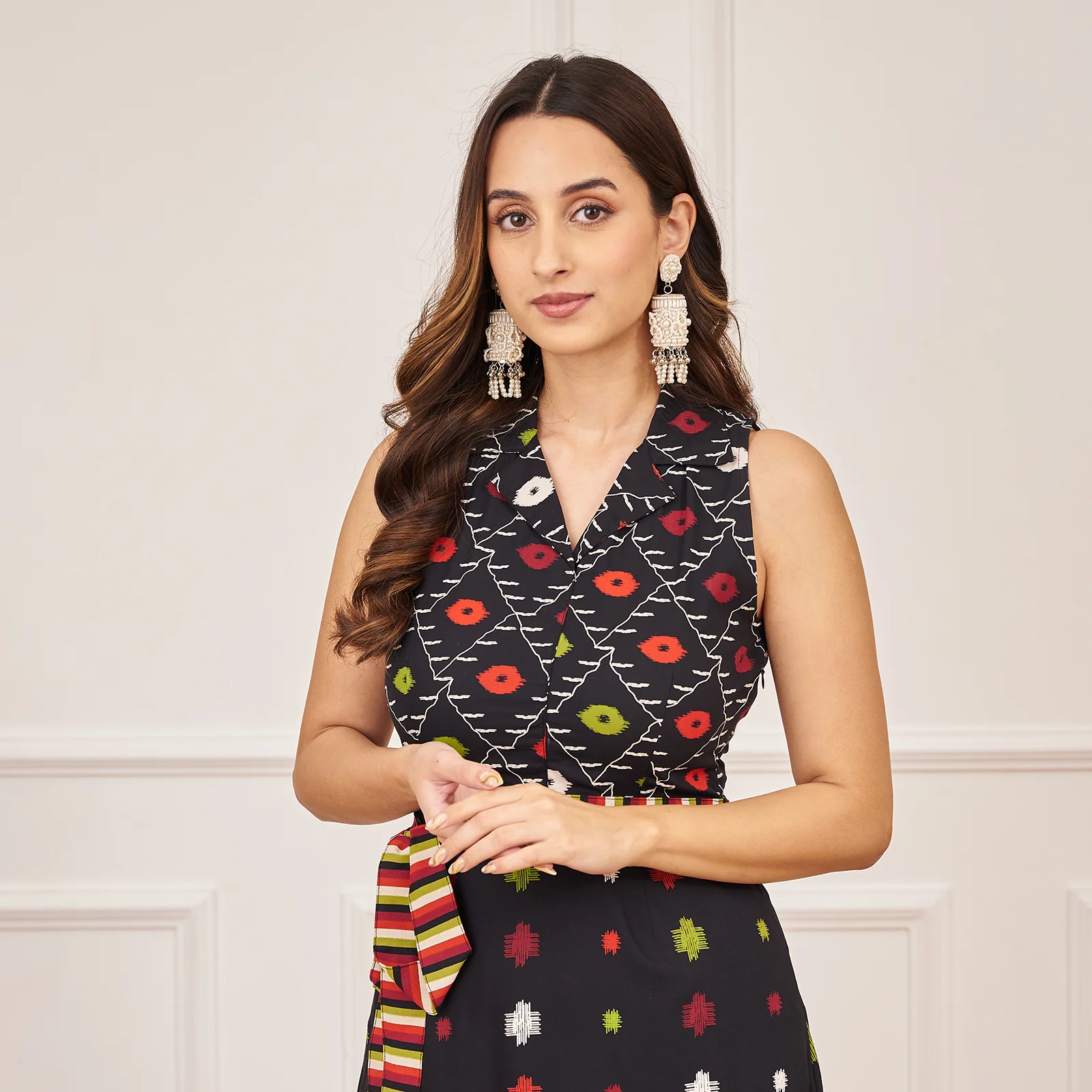 Black Ikat Inspired Kurta Pant Co ord Set with Belt - Image 5