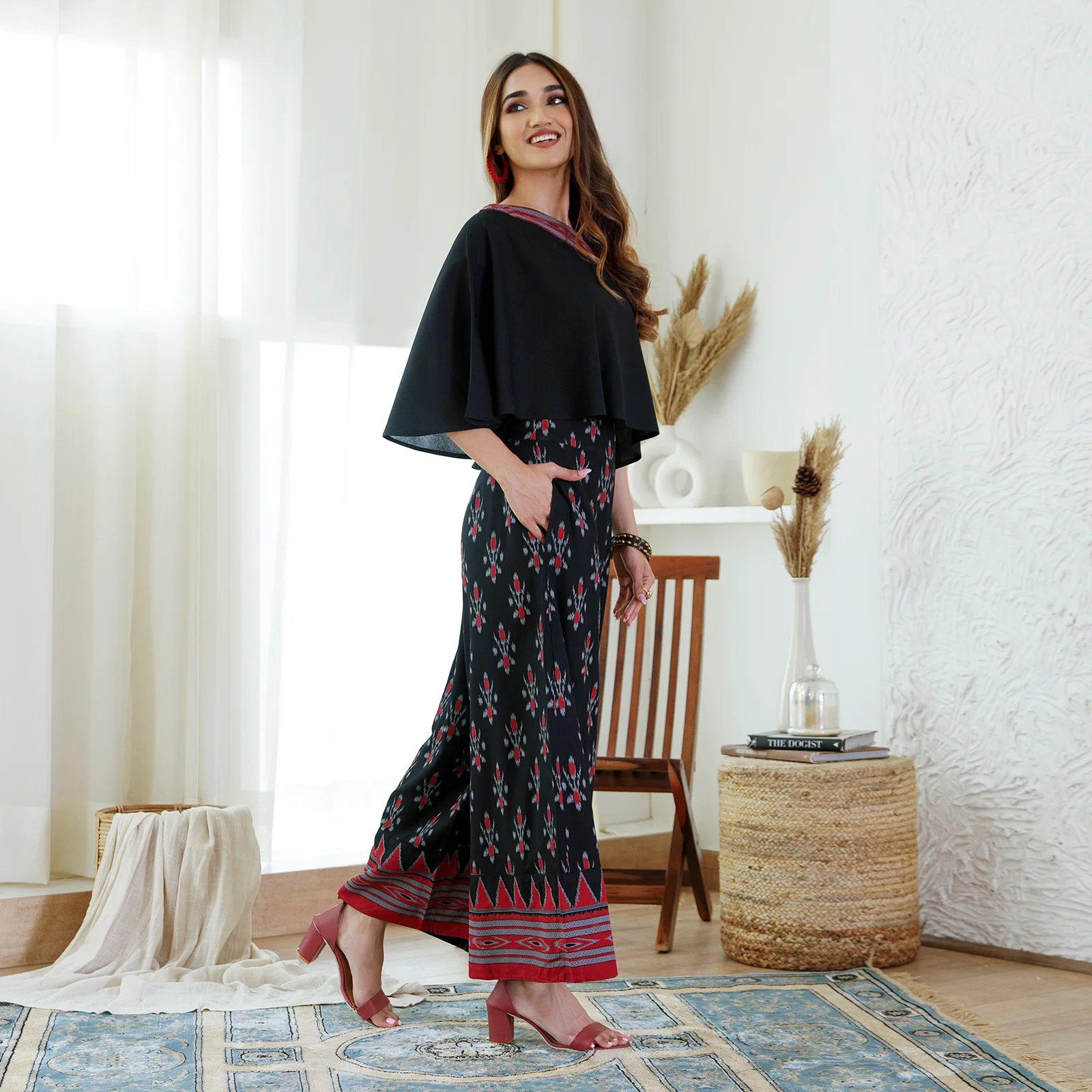 Black Ikat Printed Top Palazzo Set - Image 2
