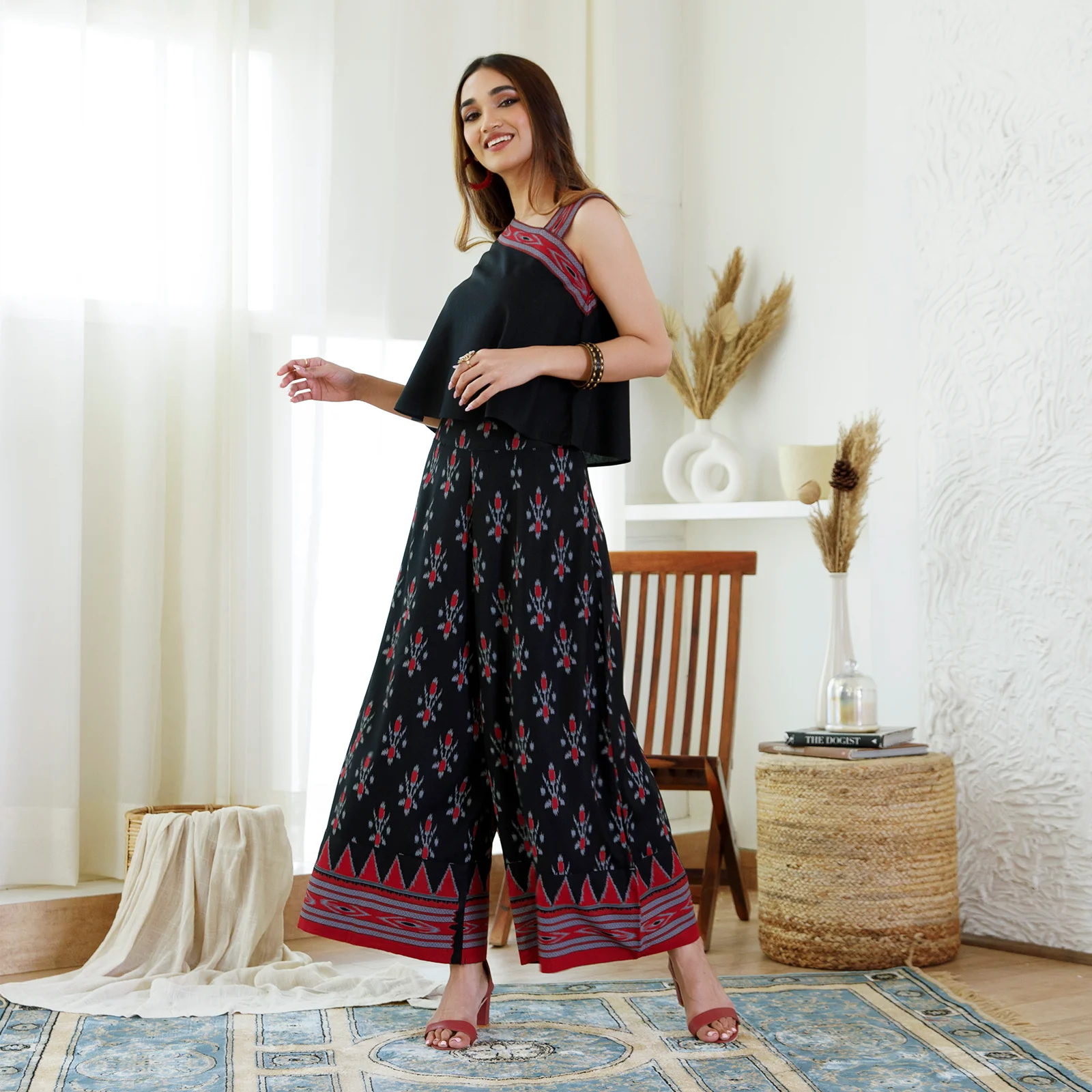 Black Ikat Printed Top Palazzo Set - Image 3
