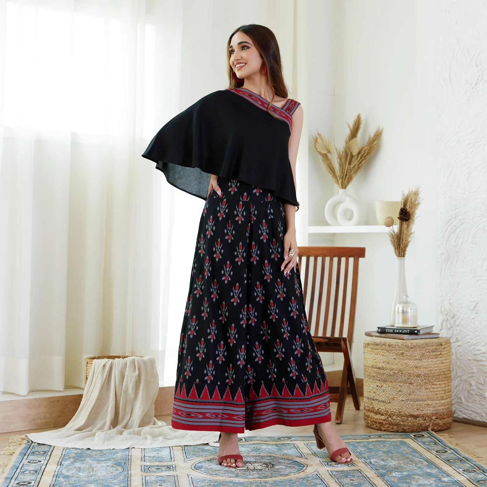Black Ikat Printed Top Palazzo Set - Image 4