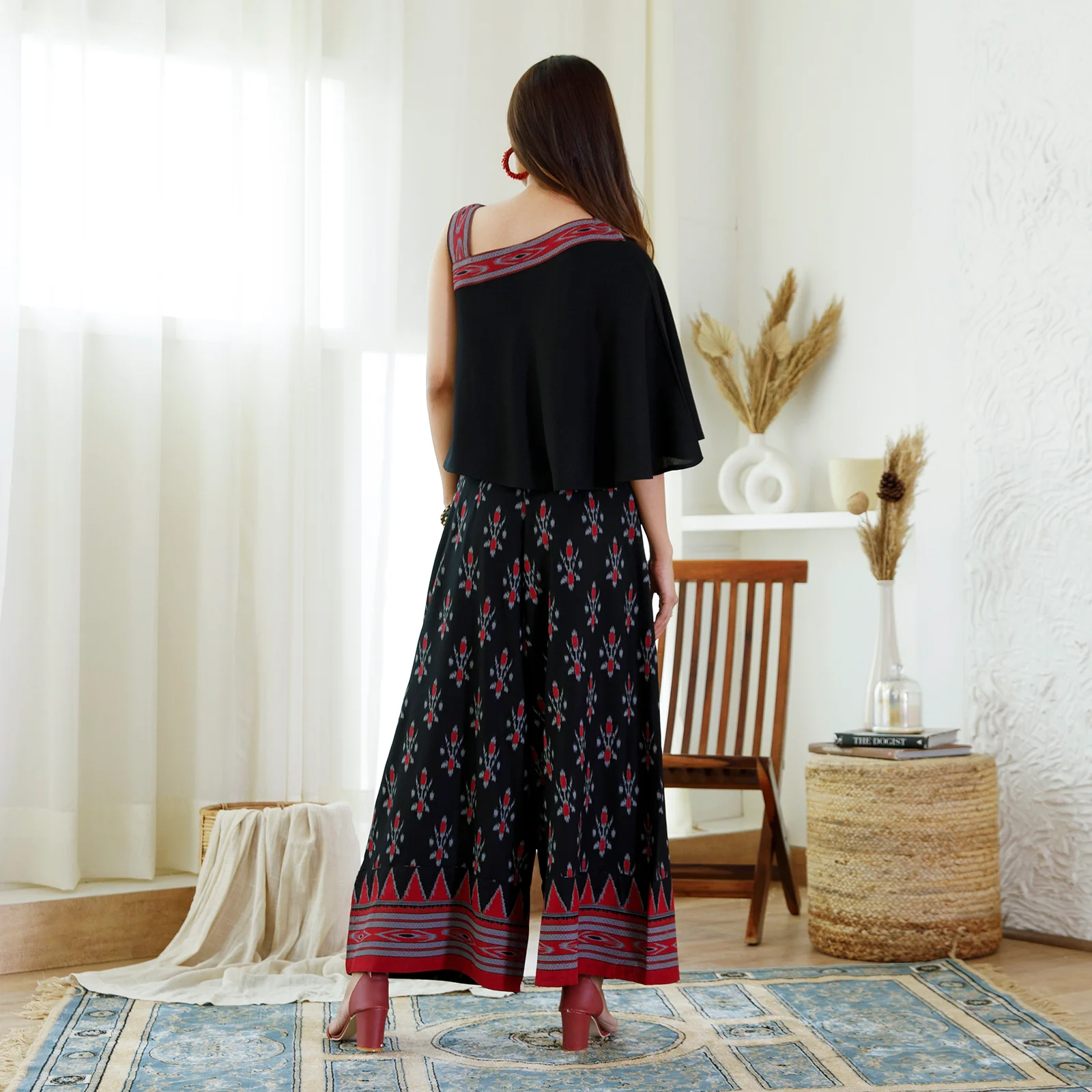 Black Ikat Printed Top Palazzo Set - Image 5