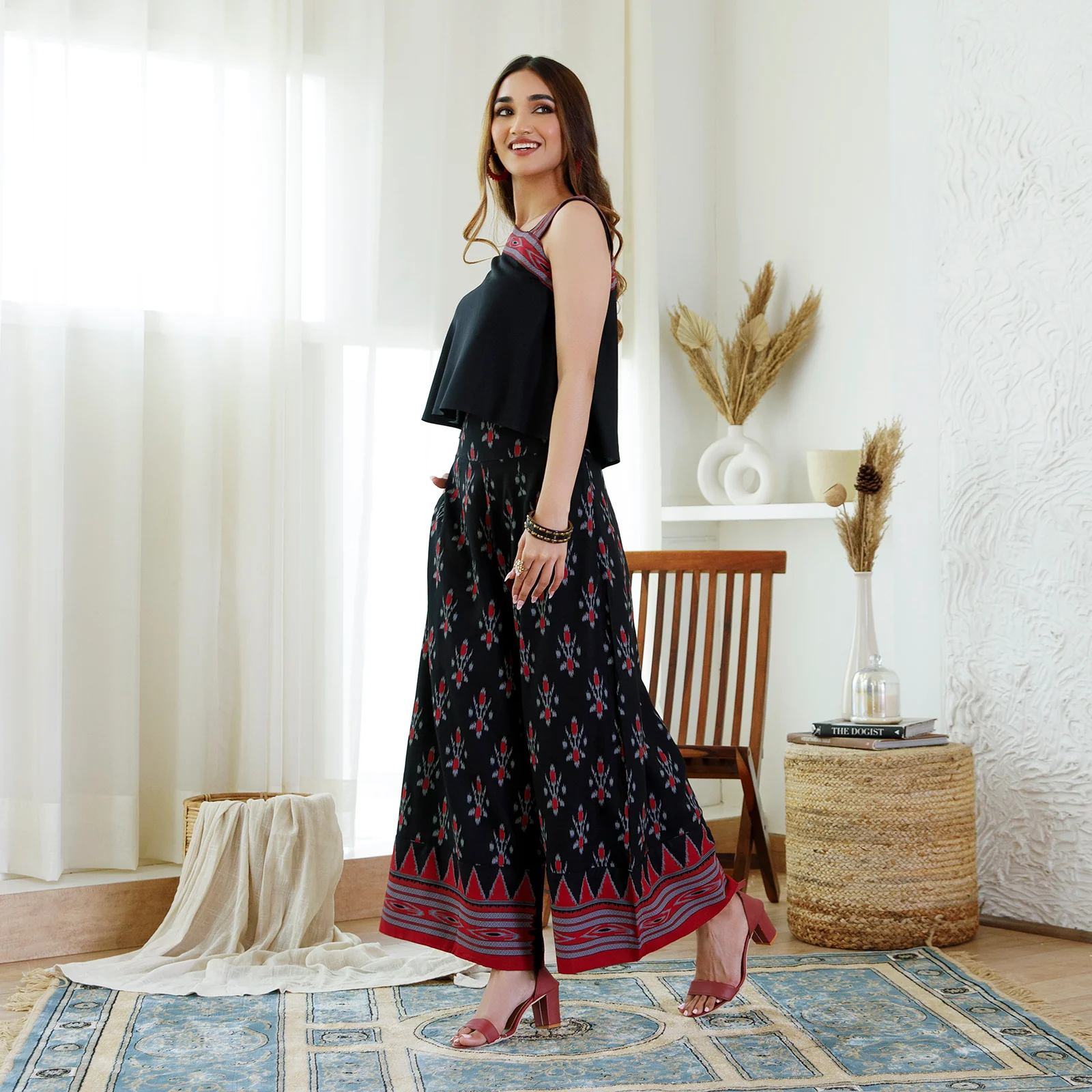 Black Ikat Printed Top Palazzo Set - Image 6