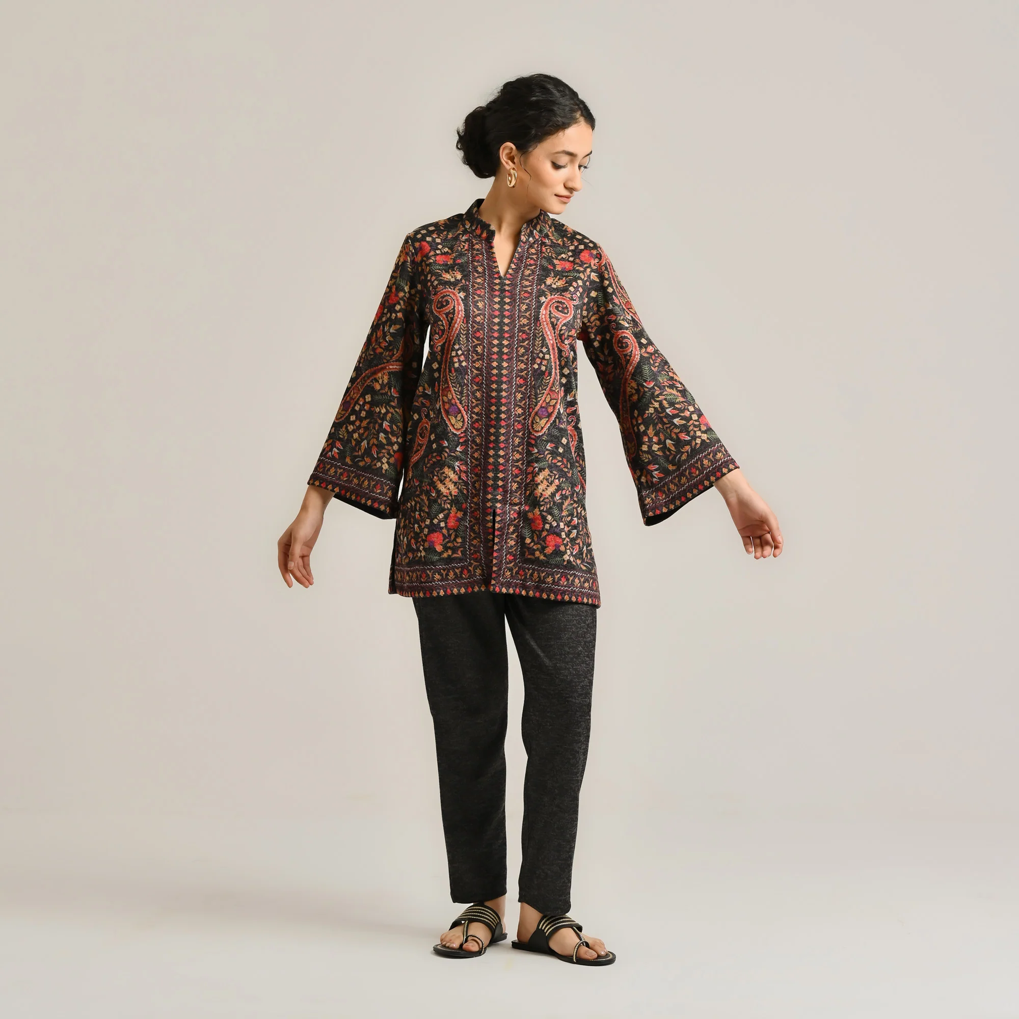 Black Kashmiri Inspired Contemporary Woollen Co-ord Set - Image 3