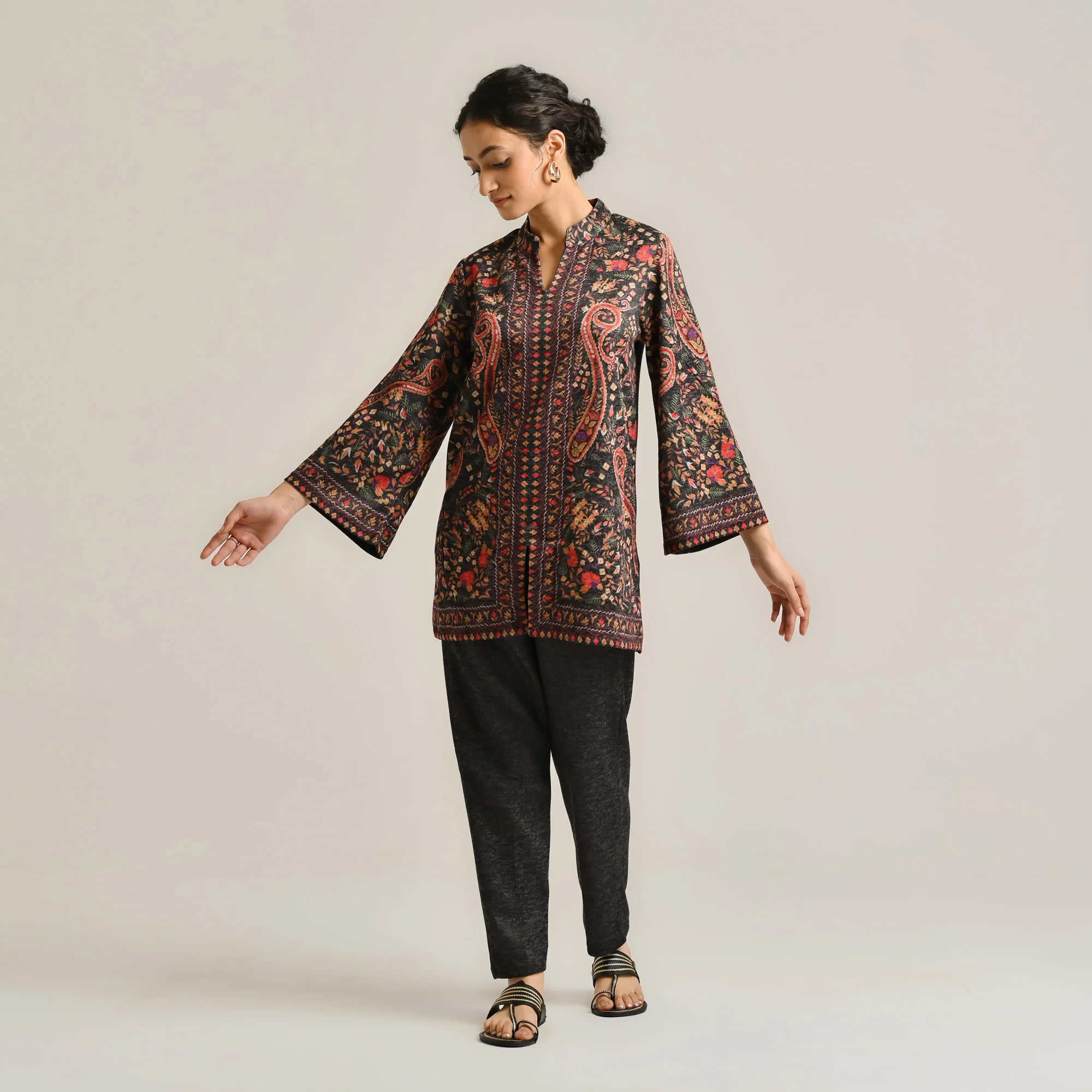 Black Kashmiri Inspired Contemporary Woollen Co-ord Set - Image 4