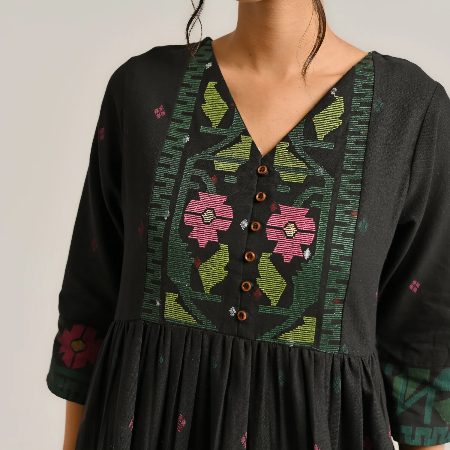 Black Linen Cotton Jamdani Inspired Kurta Set - Image 2