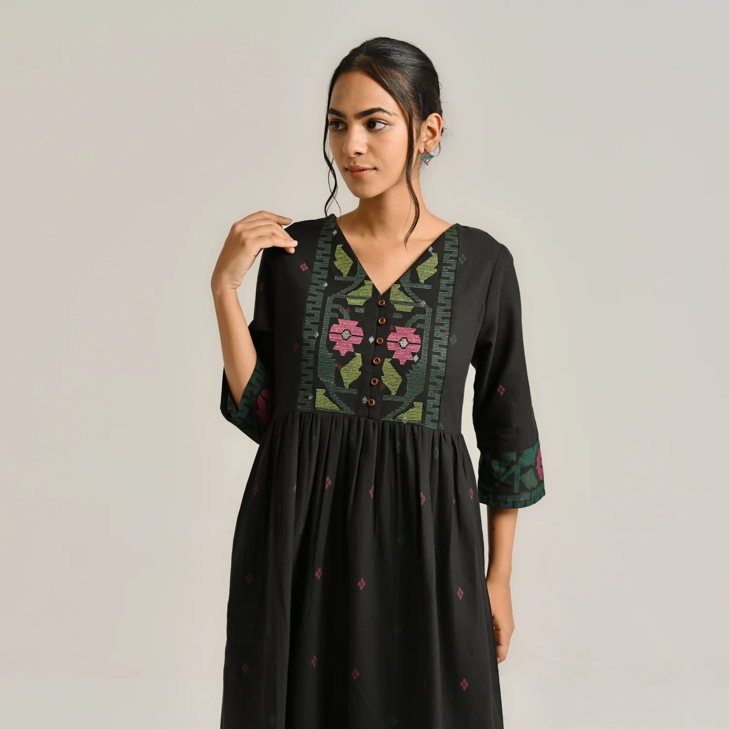 Black Linen Cotton Jamdani Inspired Kurta Set - Image 3