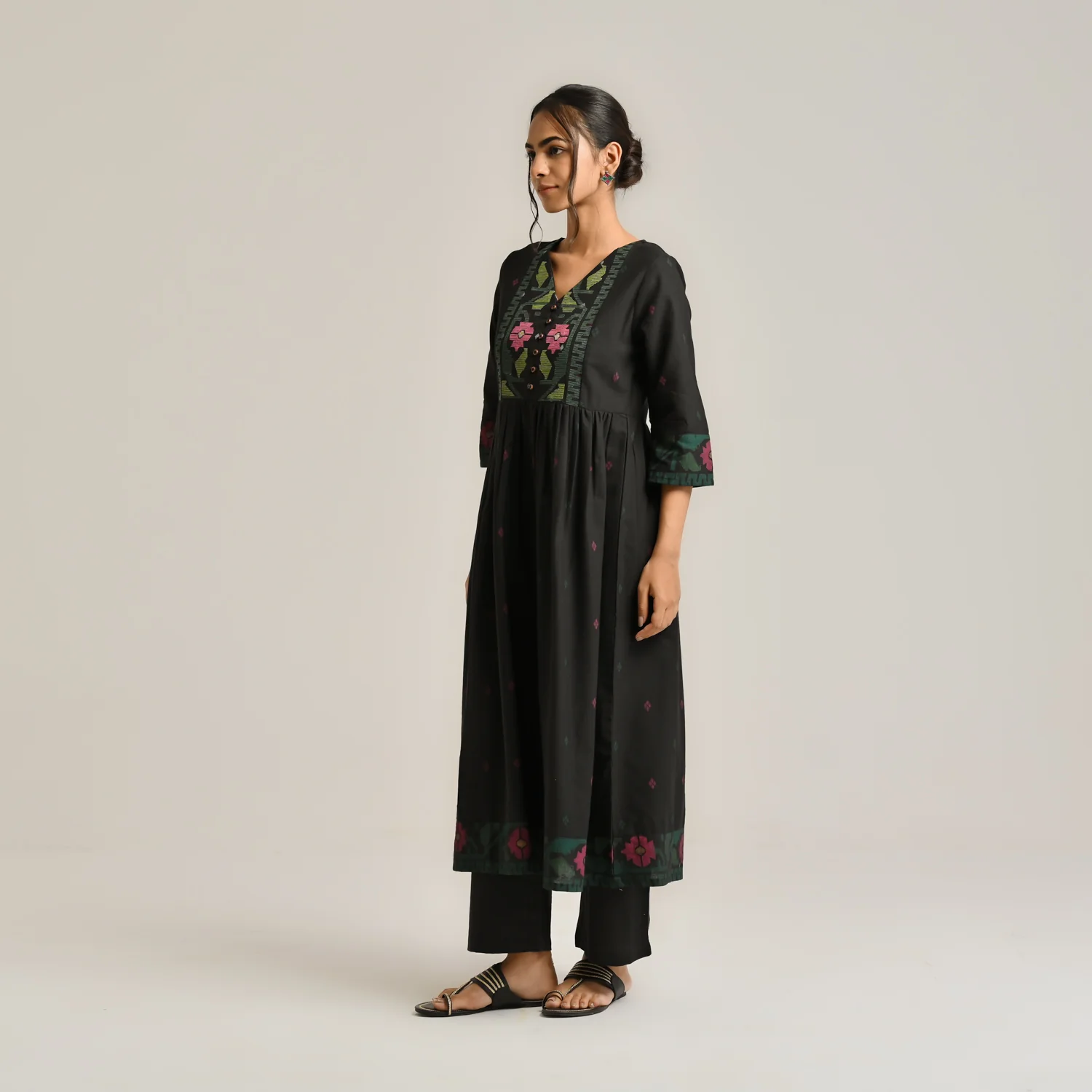 Black Linen Cotton Jamdani Inspired Kurta Set - Image 4