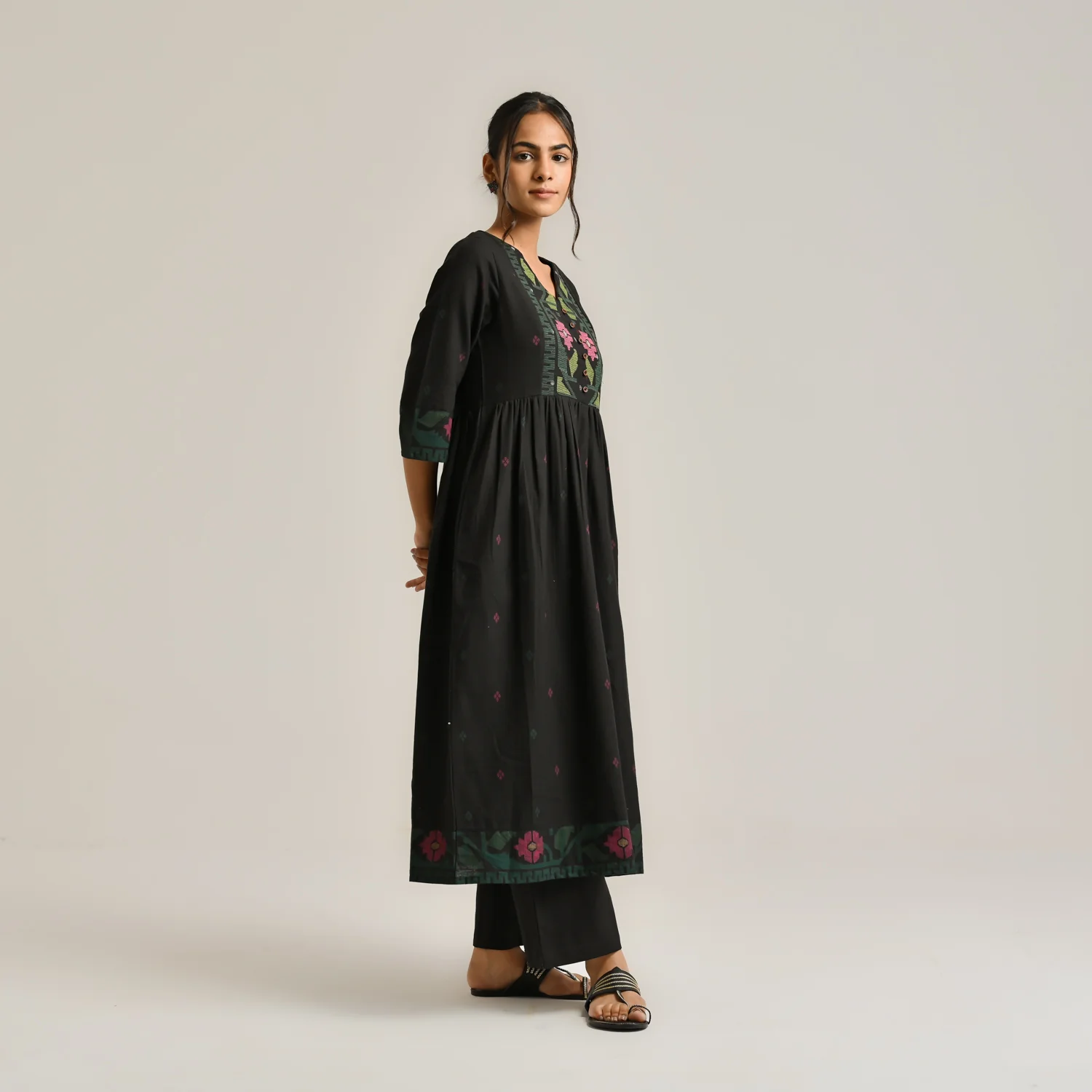 Black Linen Cotton Jamdani Inspired Kurta Set - Image 5