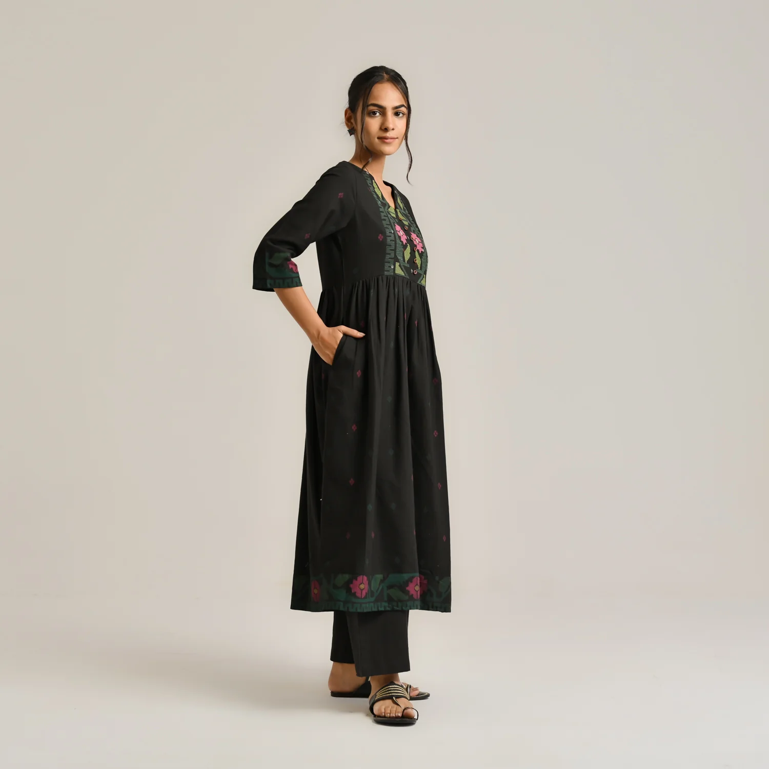 Black Linen Cotton Jamdani Inspired Kurta Set - Image 6