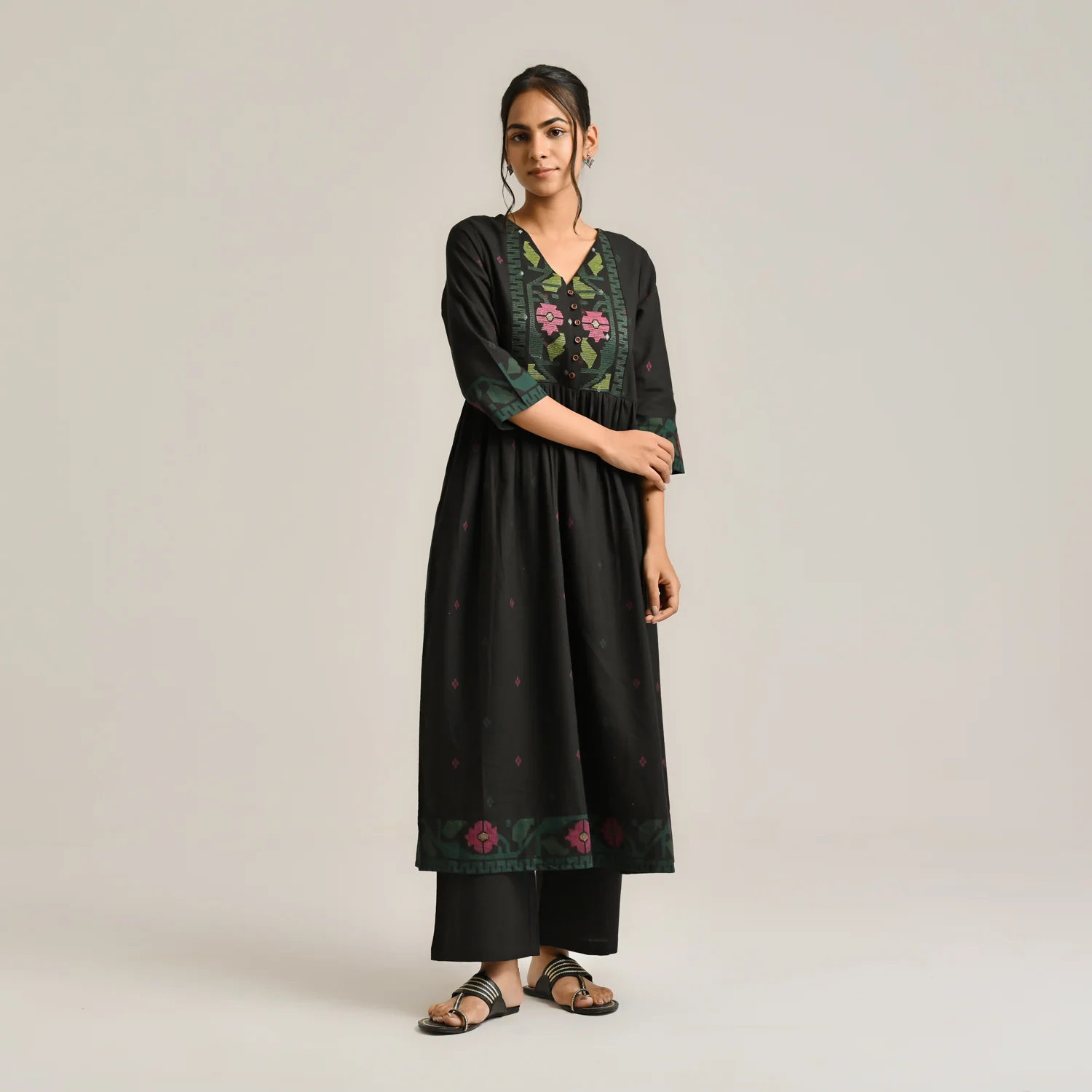 Black Linen Cotton Jamdani Inspired Kurta Set - Image 7