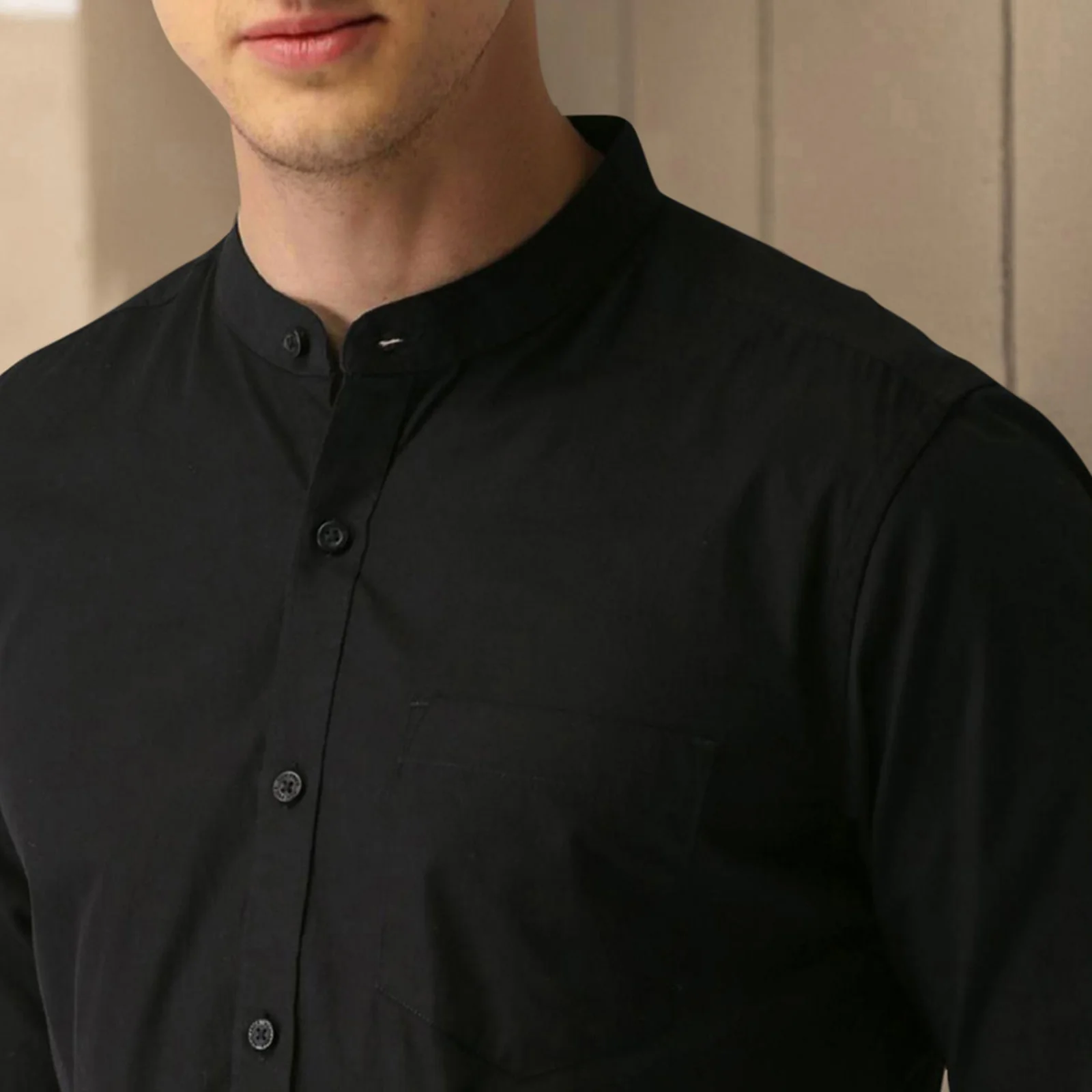 Black Mandarin Collar Solid Linen Cotton Shirt for Men - Image 2