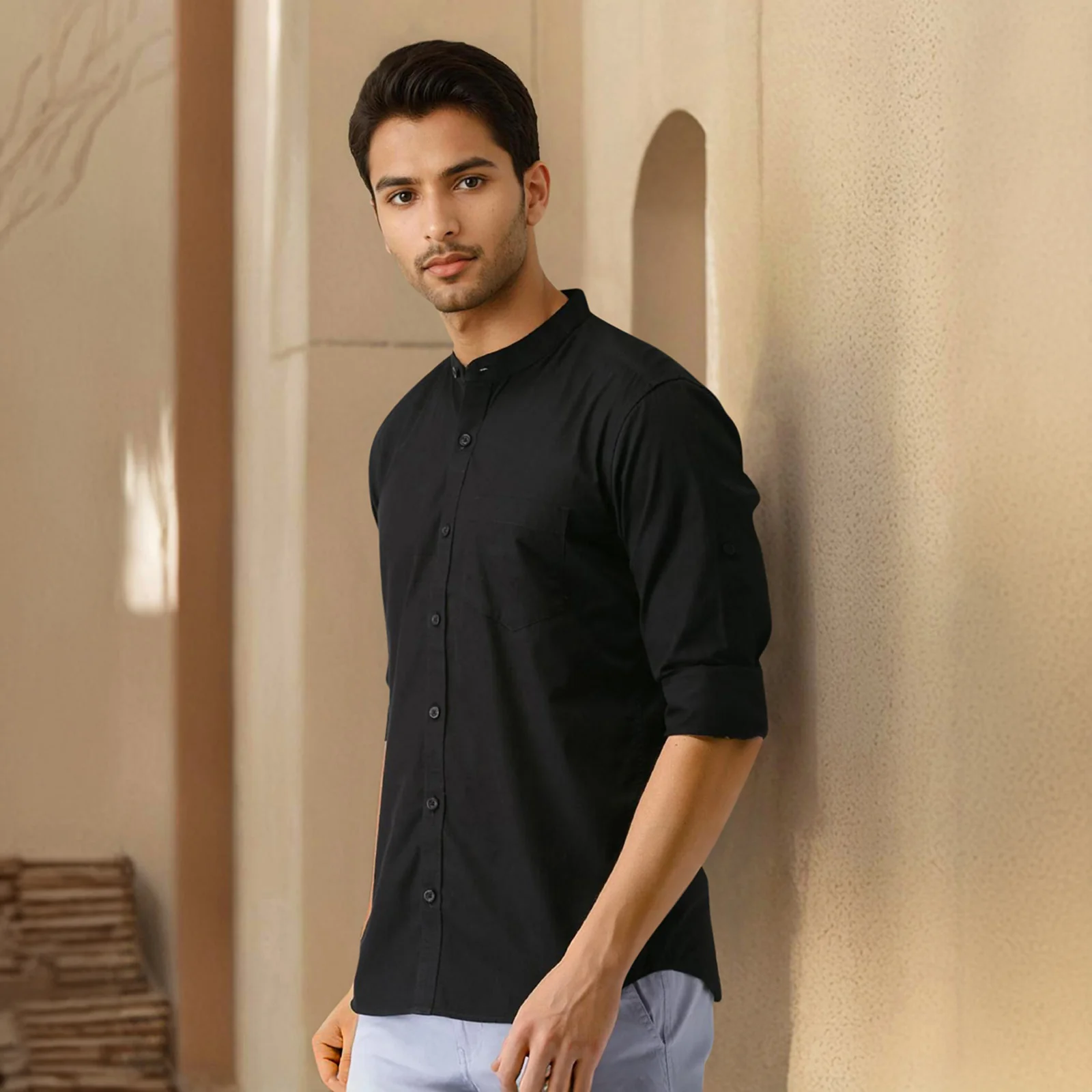 Black Mandarin Collar Solid Linen Cotton Shirt for Men - Image 3