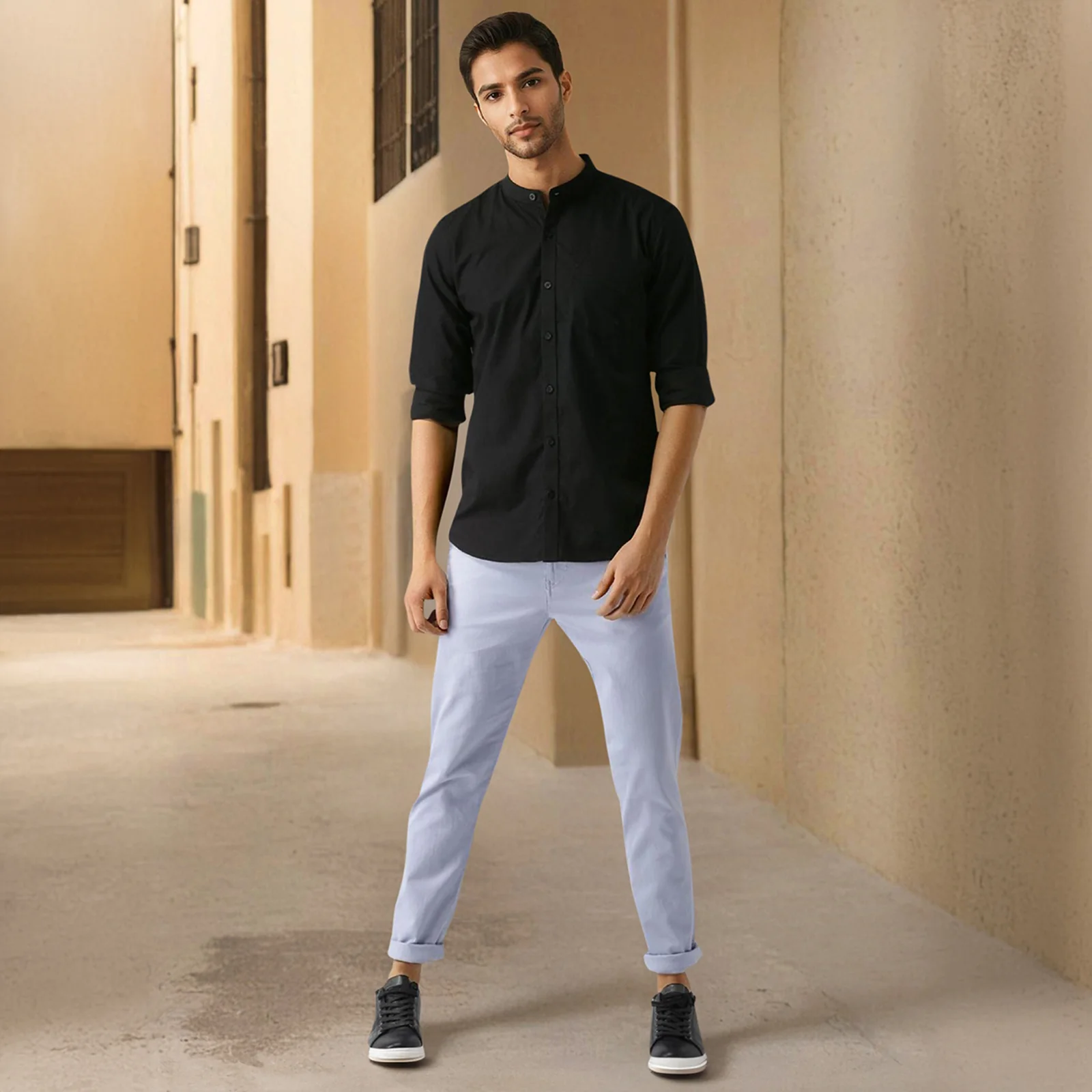 Black Mandarin Collar Solid Linen Cotton Shirt for Men - Image 4