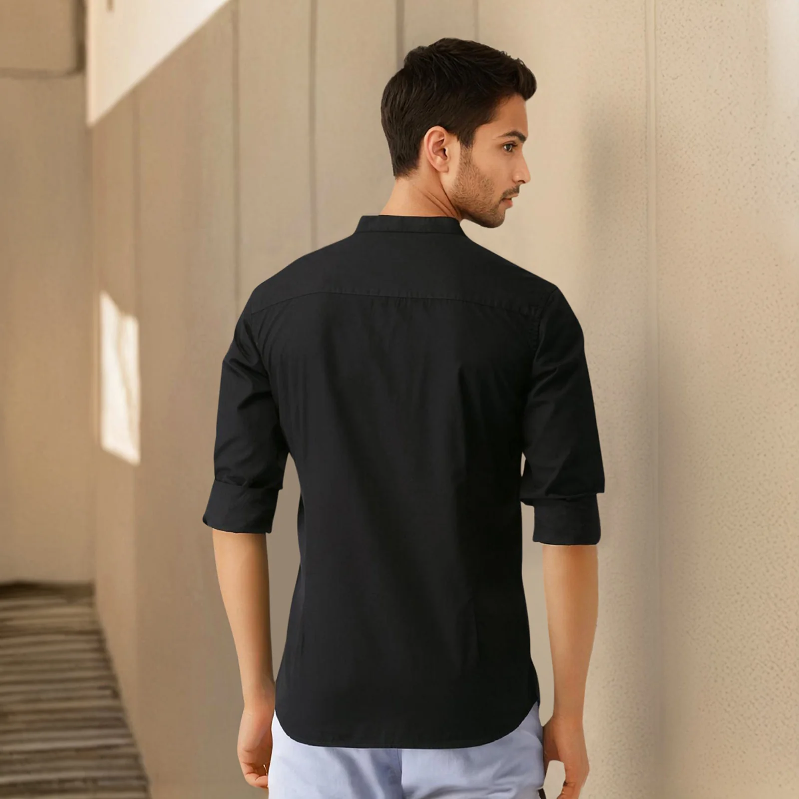 Black Mandarin Collar Solid Linen Cotton Shirt for Men - Image 5