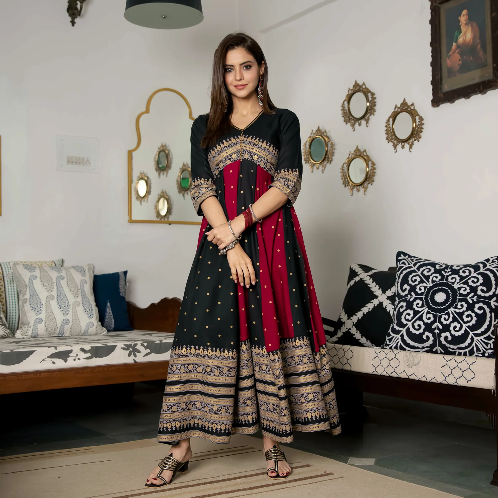 Black & Maroon Long Kalidaar Dress with Border Details - Image 10