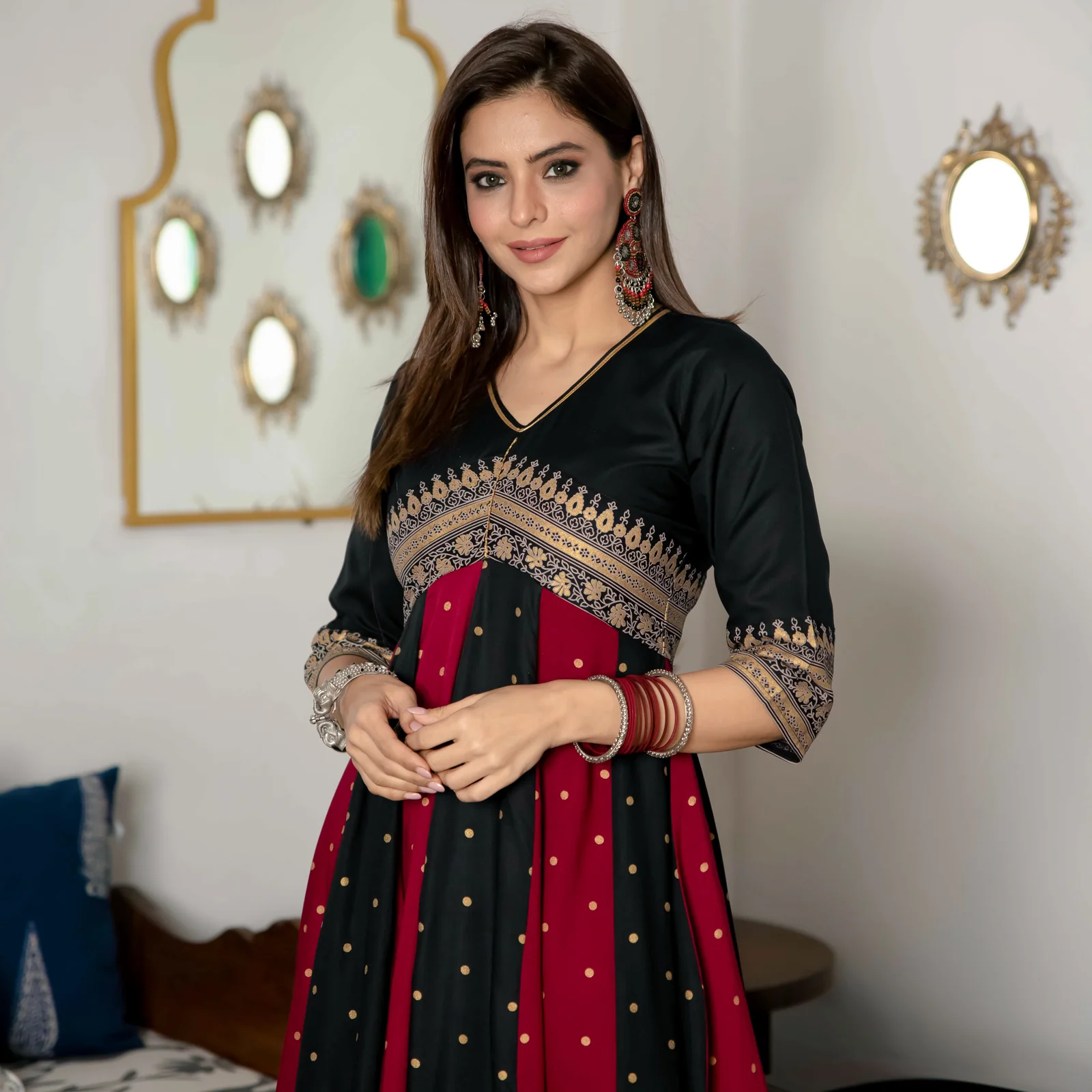 Black & Maroon Long Kalidaar Dress with Border Details - Image 11