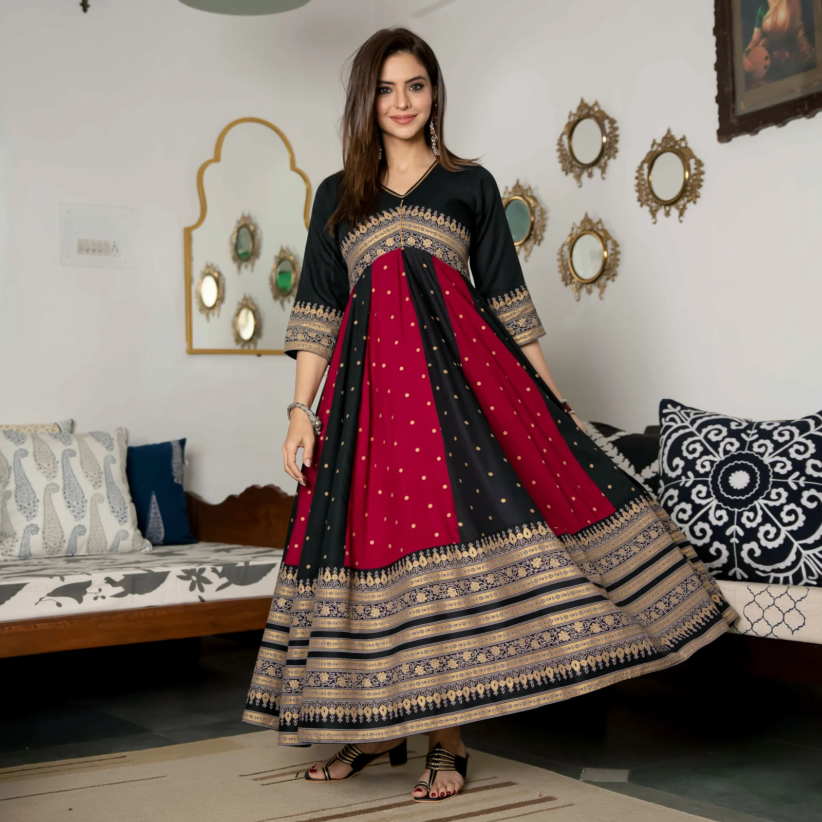 Black & Maroon Long Kalidaar Dress with Border Details - Image 12