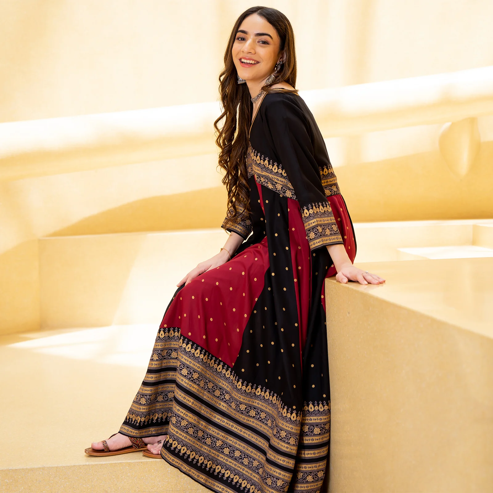 Black & Maroon Long Kalidaar Dress with Border Details - Image 13