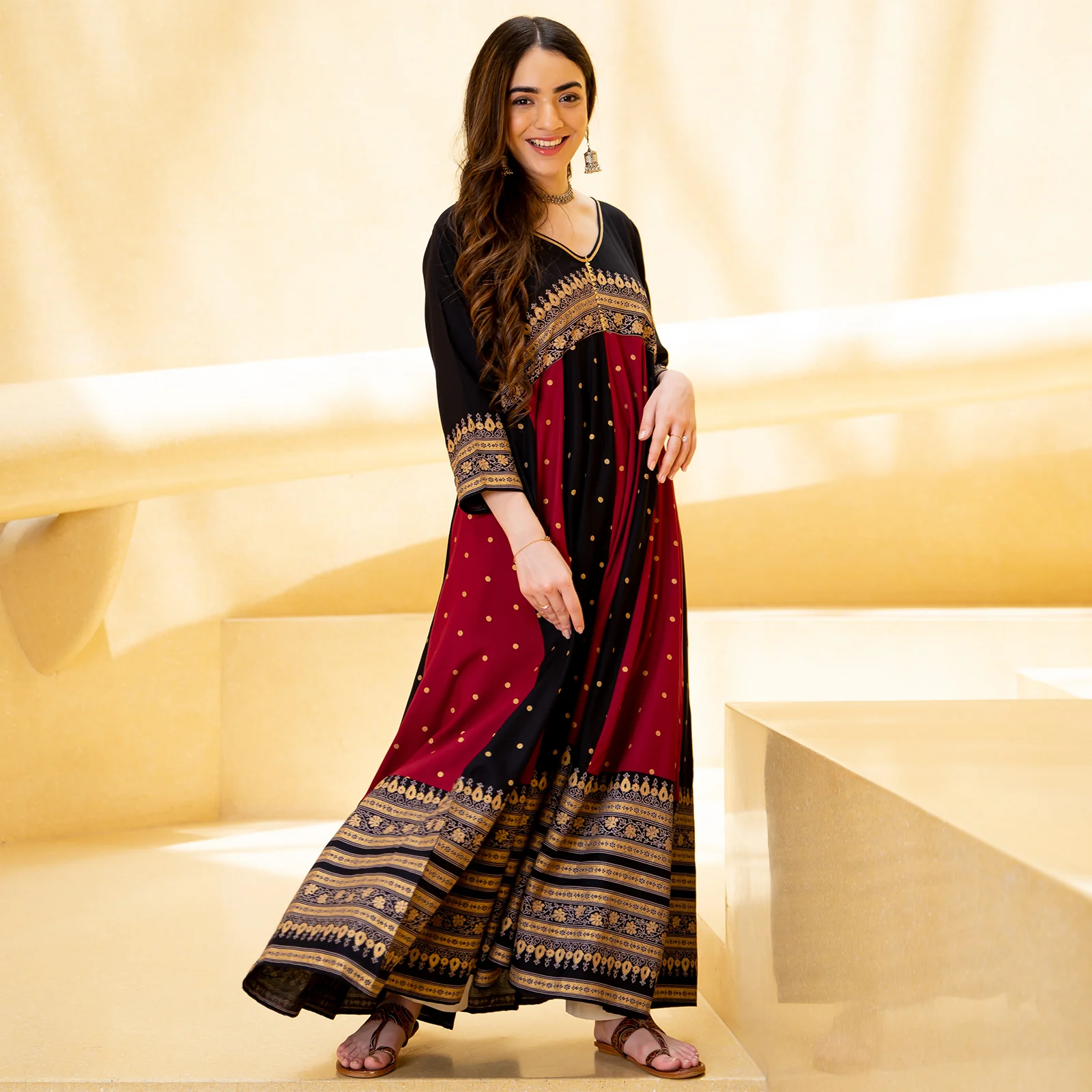 Black & Maroon Long Kalidaar Dress with Border Details - Image 14