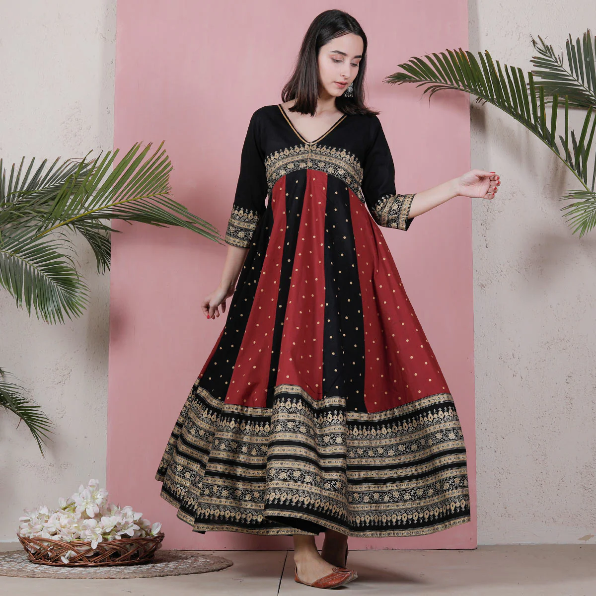 Black & Maroon Long Kalidaar Dress with Border Details - Image 15