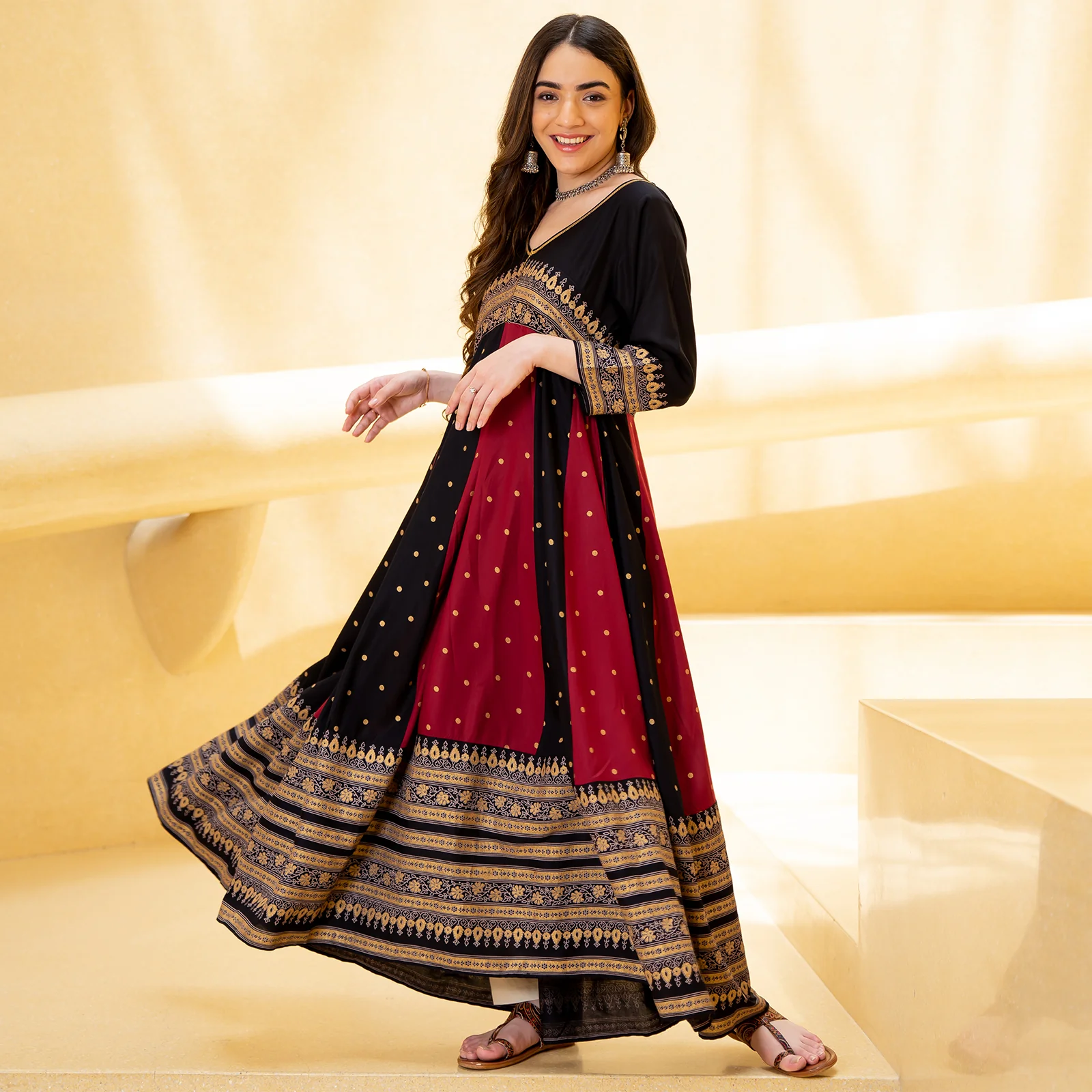 Black & Maroon Long Kalidaar Dress with Border Details - Image 16