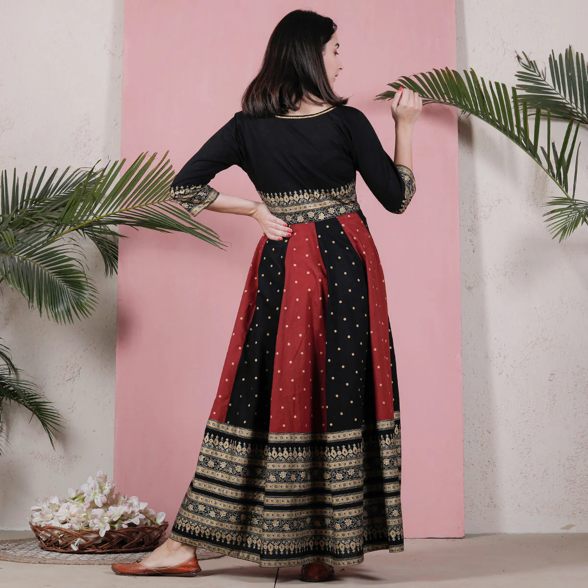 Black & Maroon Long Kalidaar Dress with Border Details - Image 17