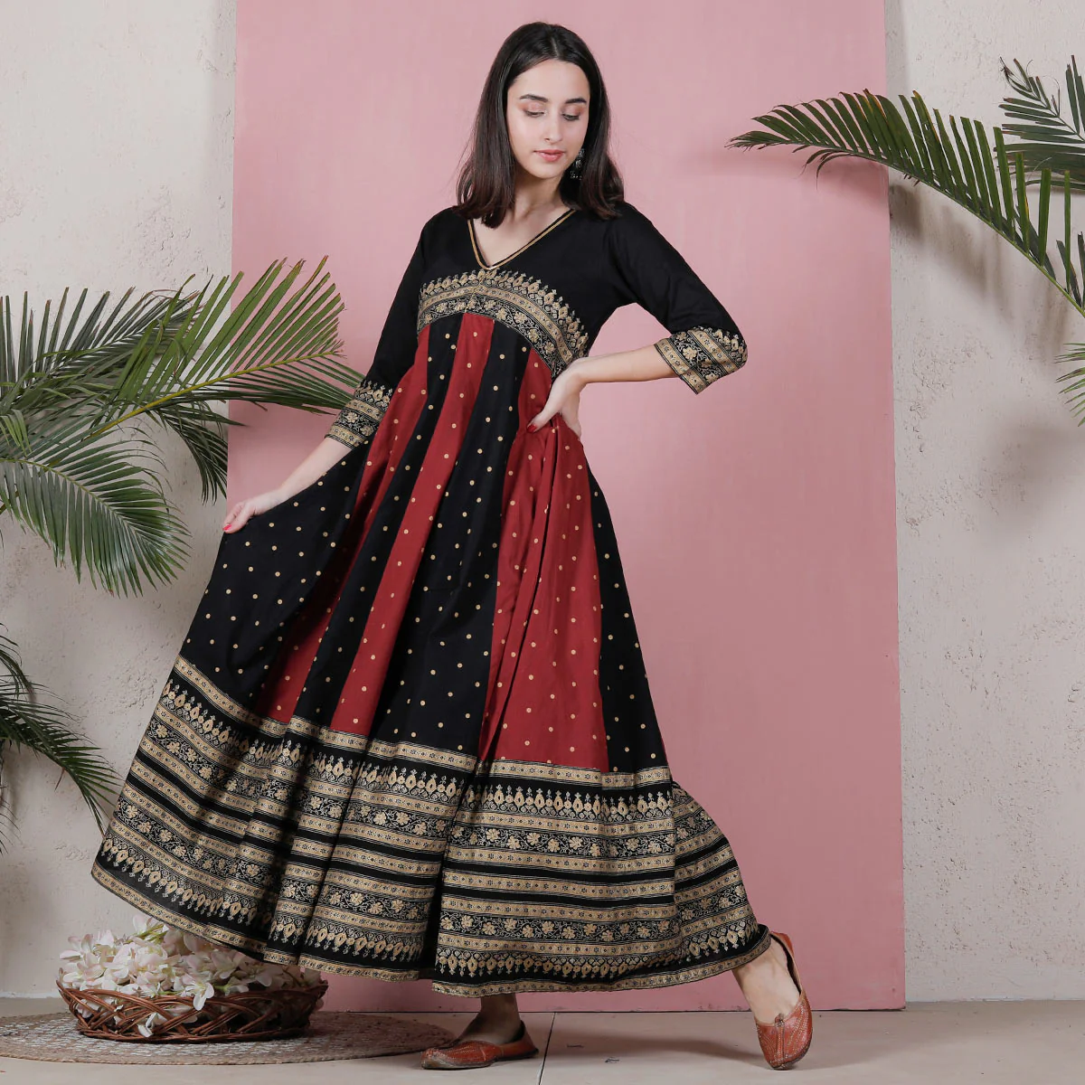 Black & Maroon Long Kalidaar Dress with Border Details - Image 18